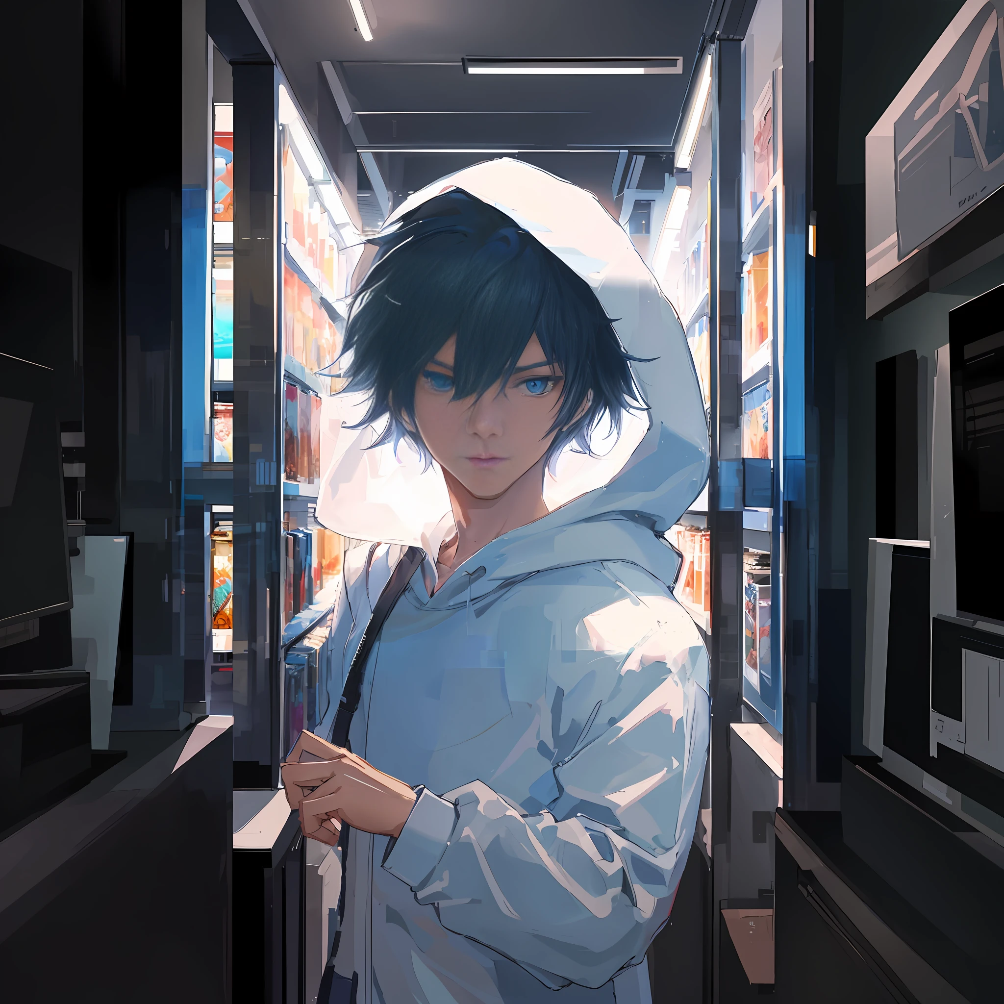 anime boy in a white hoodie standing in a store, tall anime guy with blue eyes, anime boy, young anime man, anime art wallpaper 8 k, artwork in the style of guweiz, male anime style, male anime character, high quality anime artstyle, guweiz, anime asthetic, 4 k manga wallpaper, handsome guy in demon slayer art