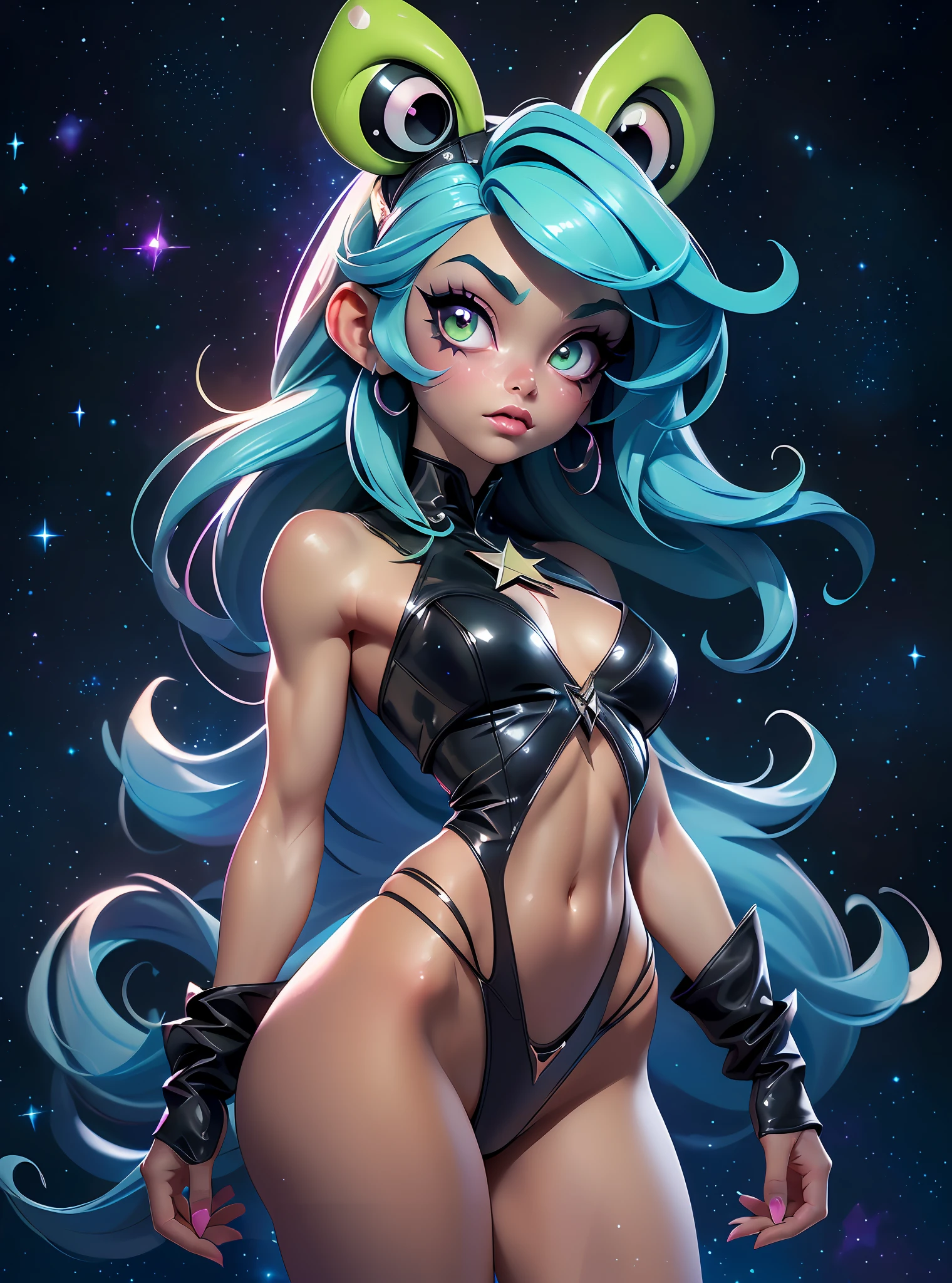 ((Best Quality)), ((Masterpiece)), ((Realistic)) and watercolor drawing of a frog-girl with goth colors. She has ((starlight hair)), wears a (small black micro-thong:star motif ) , ((beautiful and aesthetic)), muscular fit body abs, sexy, under-boobs, hot, (star filled sky background) (clear background:1.35), (particles ,firefly, blue glowing):1.3,