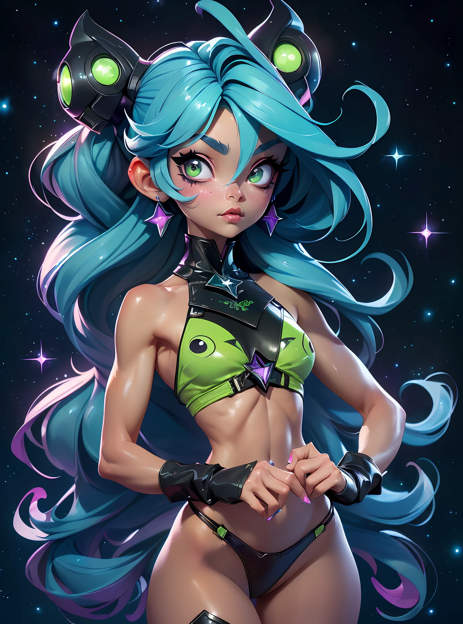 ((Best Quality)), ((Masterpiece)), ((Realistic)) and watercolor drawing of a frog-girl with goth colors. She has ((starlight hair)), wears a (small black micro-thong bikini :star motif ) , ((beautiful and aesthetic)), muscular fit body abs, sexy, under-boobs, hot, (star filled sky background) (clear background:1.35), (particles ,firefly, blue glowing):1.3,