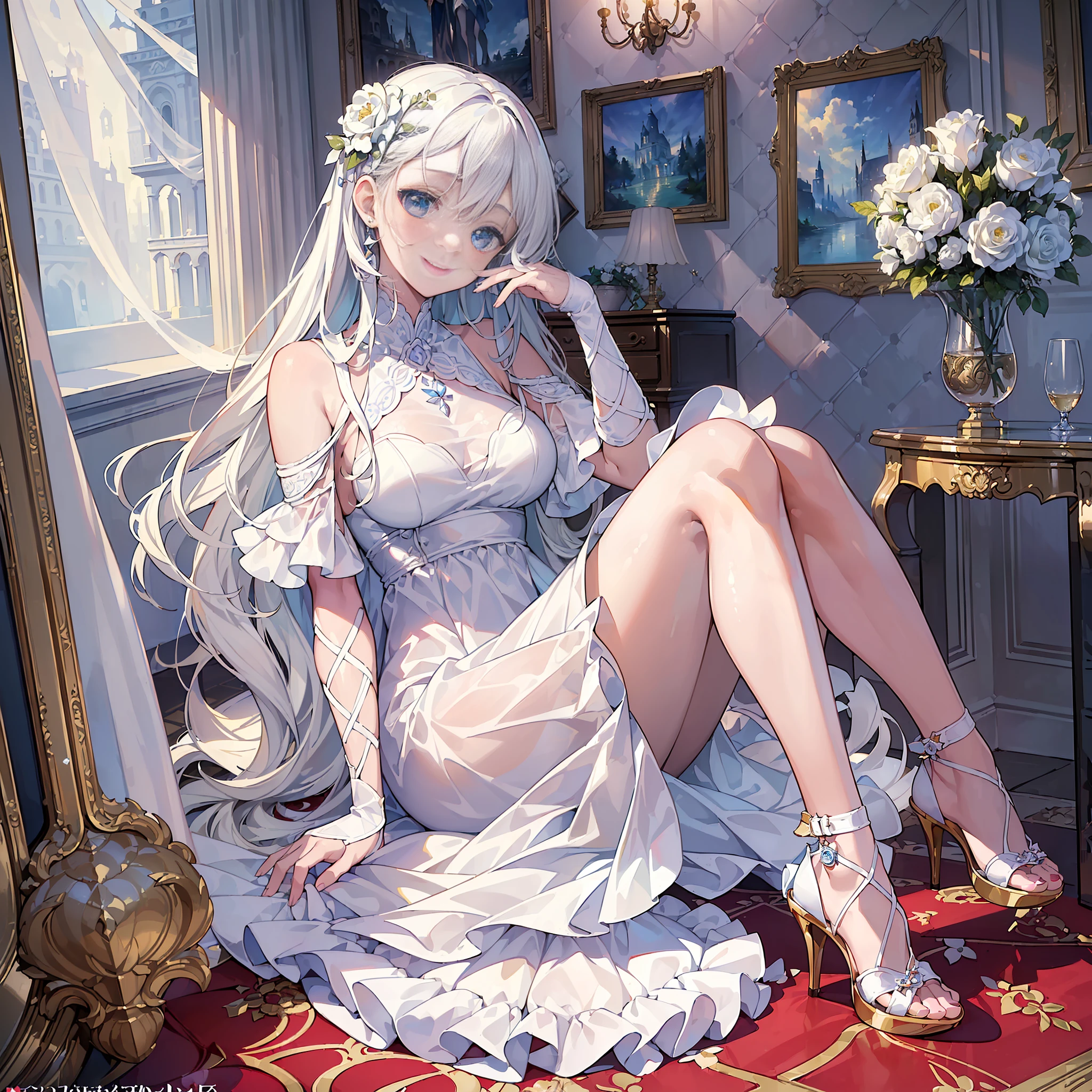 (masterpiece, top quality, best quality, official art, beautiful and aesthetic,1girl,:1.5), one girl, shining jewel-like eyes, smiling expression, beautiful face, kind, happy, happy, with bouquet, white chiffon dress, shiny white long hair, high heel sandals, See here, white stylish room, 8k wallpaper, (correct human structure))