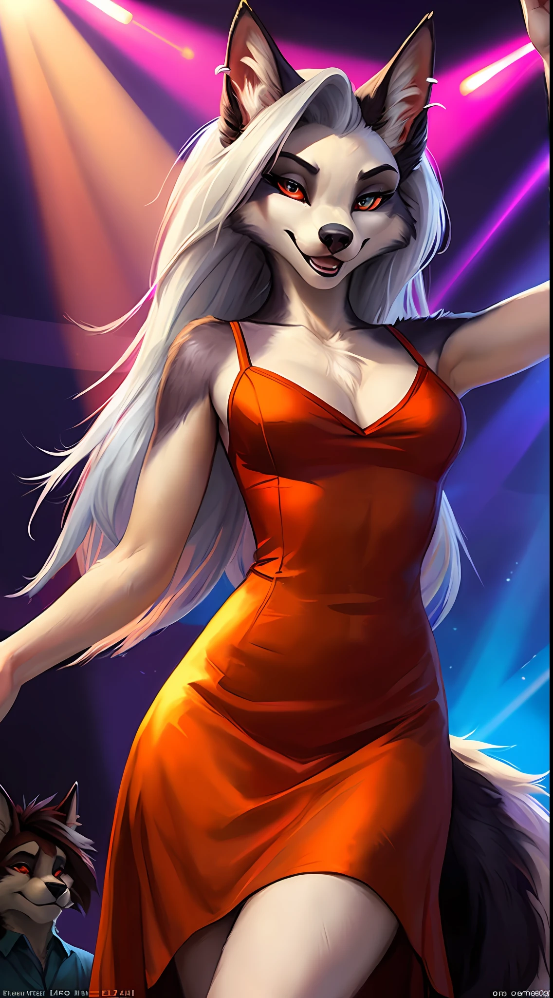uploaded to e621, raw photo, realistic, anthro, detailed face, detailed fur, high resolution, beautiful and detailed portrait of Helluva Boss, Loona Hellhound, Loona, kenket, Ross Tran,ruan jia, uploaded to e621, zaush, foxovh, cenematic lighting, disco, club, party, spotlight, small breast, whole body, beautiful, enthusiastic face, solo, 1girl, party dress, dress clothes