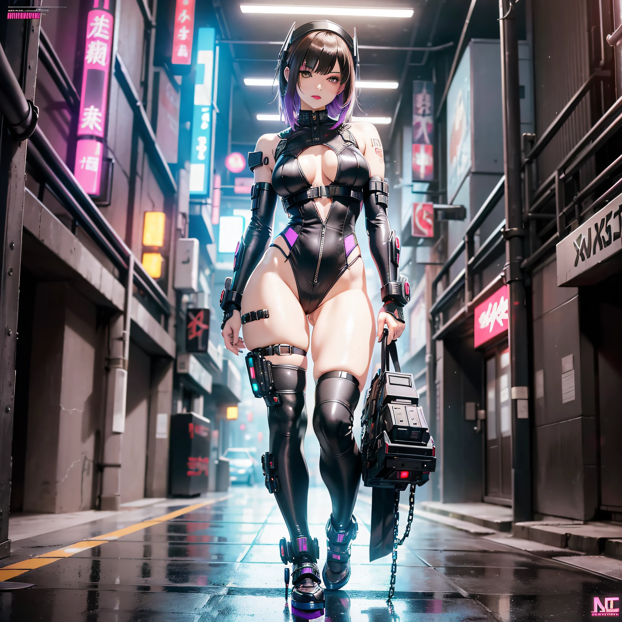 (8k, RAW photos, top quality, masterpiece: 1.2), (realistic, photorealistic: 1.37), girl, Japan, solo, 30s woman, brown hair, short cut, full body, slim body, shot by Canon EOS R5, cyborg, robot parts, 150mm, beautiful studio soft light, rim light, vivid details, gorgeous cyberpunk delicate body, There are women wearing surreal, anatomical, facial muscles, small breasts on cable wires, corsets, black and white costumes, cyberpunk costumes, Japan techwear, intriguing costumes, all-black cyberpunk clothes, cyberpunk style costumes, female cyberpunk anime girls, cyberpunk streetwear, cyberpunk dresses, anime girl cosplay, techwear women pictures, cyberpunk anime girls, cyberpunk streetwear, maid clothes, eyeshadow black eyes, bright red lips, bare skin, realistic skin, professional lighting, wide skin areas, tattoos, armpit hair,, fitted crotch, tattoo lot, smart, full body, cyborg, elegant, beautiful background, octane rendering, hr giger style, purple, high heels, armor, chain,