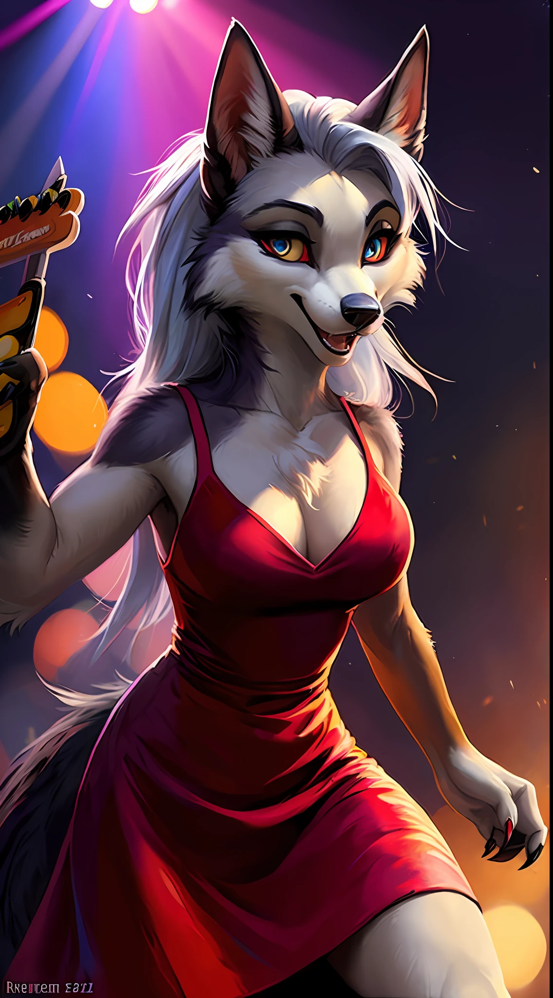 uploaded to e621, raw photo, realistic, anthro, detailed face, detailed fur, high resolution, beautiful and detailed portrait of Helluva Boss, Loona Hellhound, Loona, kenket, Ross Tran,ruan jia, uploaded to e621, zaush, foxovh, cenematic lighting, disco, club, party, spotlight, small breast, whole body, beautiful, enthusiastic face, solo, 1girl, party dress, dress clothes