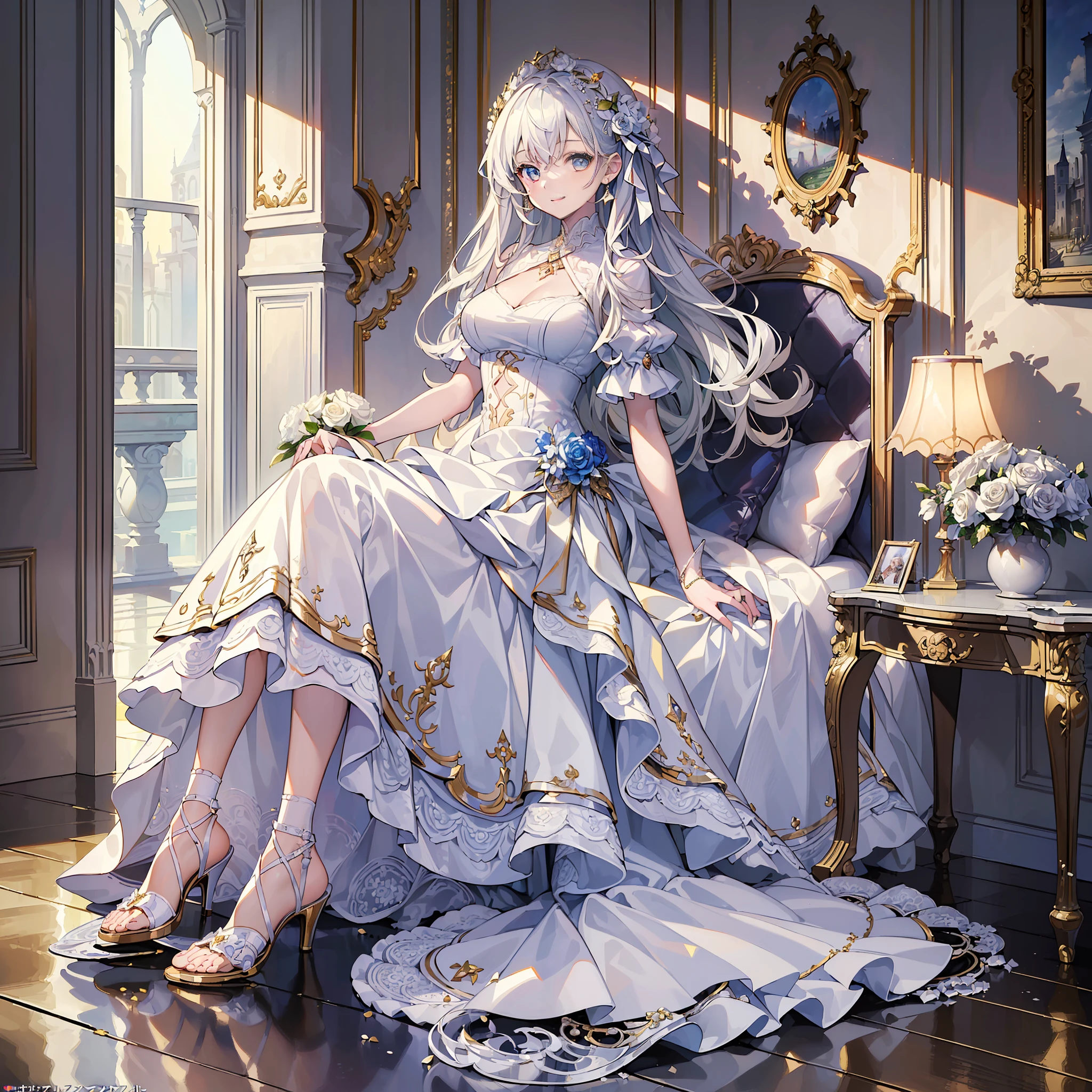 (masterpiece, top quality, best quality, official art, beautiful and aesthetic,1girl,:1.5), one girl, shining jewel-like eyes, smiling expression, beautiful face, kind, happy, happy, with bouquet, white chiffon dress, shiny white long hair, high heel sandals, See here, white stylish room, 8k wallpaper, (correct human structure))