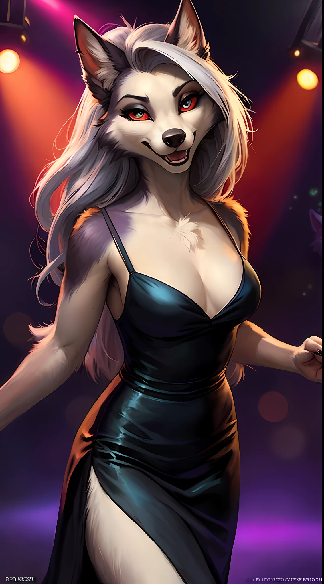 uploaded to e621, raw photo, realistic, anthro, detailed face, detailed fur, high resolution, beautiful and detailed portrait of Helluva Boss, Loona Hellhound, Loona, kenket, Ross Tran,ruan jia, uploaded to e621, zaush, foxovh, cenematic lighting, disco, club, party, spotlight, small breast, whole body, beautiful, enthusiastic face, solo, 1girl, party dress, dress clothes