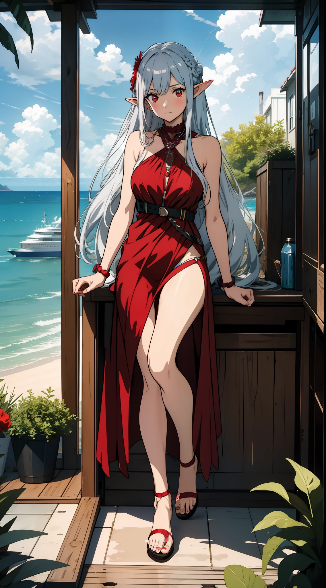 1 girl, elf, silver hair, red eye, swimsuit, seaside, playing by the seaside, concept art, official art, high quality