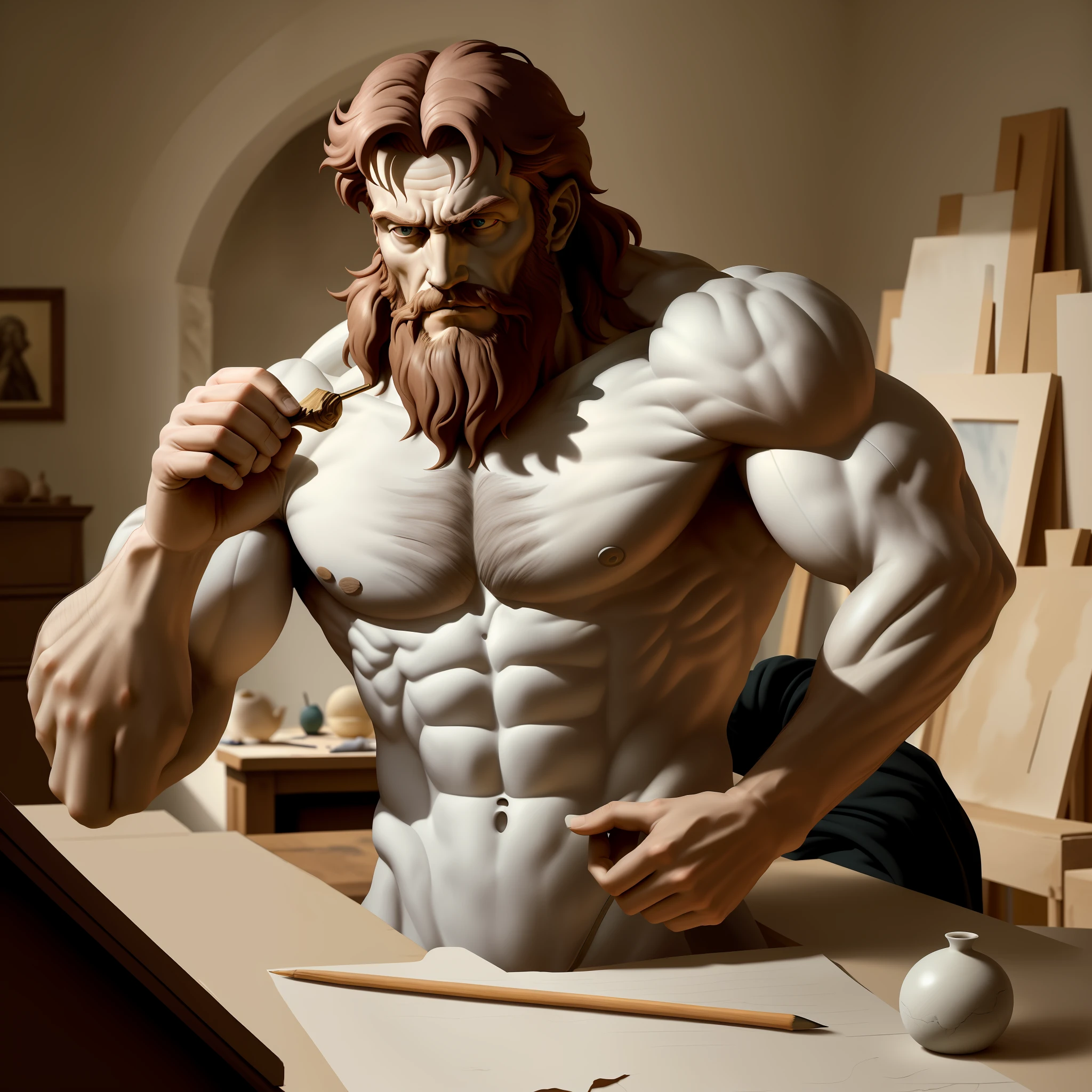 The image shows Michelangelo in action, immersed in his artistic passion, working on one of his masterpieces. He is pictured in his studio, a spacious, well-lit space where creativity comes to life. The environment is filled with unfinished sculptures, marble blocks and used brushes, testimonies of the ongoing artistic process.
Michelangelo, tall and imposing, is positioned in front of a large piece of marble. His broad shoulders and upright posture reflect his physical strength and determination. With his skilled hands, he sculpts with precision and energy, revealing the emerging figure of a majestic sculpture.
His small, intense, piercing eyes are focused on the work before him, expressing concentration and devotion. The broad, wrinkled forehead evidences his thoughtful and creative mind. As Michelangelo works, his mouth remains concentrated, the thin lips outlined with determination.
Natural light illuminates your face, highlighting the strong, angular features. The thick, dark hair is slightly messy, but that doesn't distract from his tireless dedication. A small well-groomed beard, according to the fashion of the time, adds a touch of character to his face.
Around it, details of Michelangelo's other works are visible, revealing his ongoing artistic legacy. The creative energy in the environment is palpable, charged with the anticipation and promise of an evolving masterpiece.
This image depicts Michelangelo at the height of his genius, capturing the essence of his passionate work and his relentless pursuit of artistic perfection.