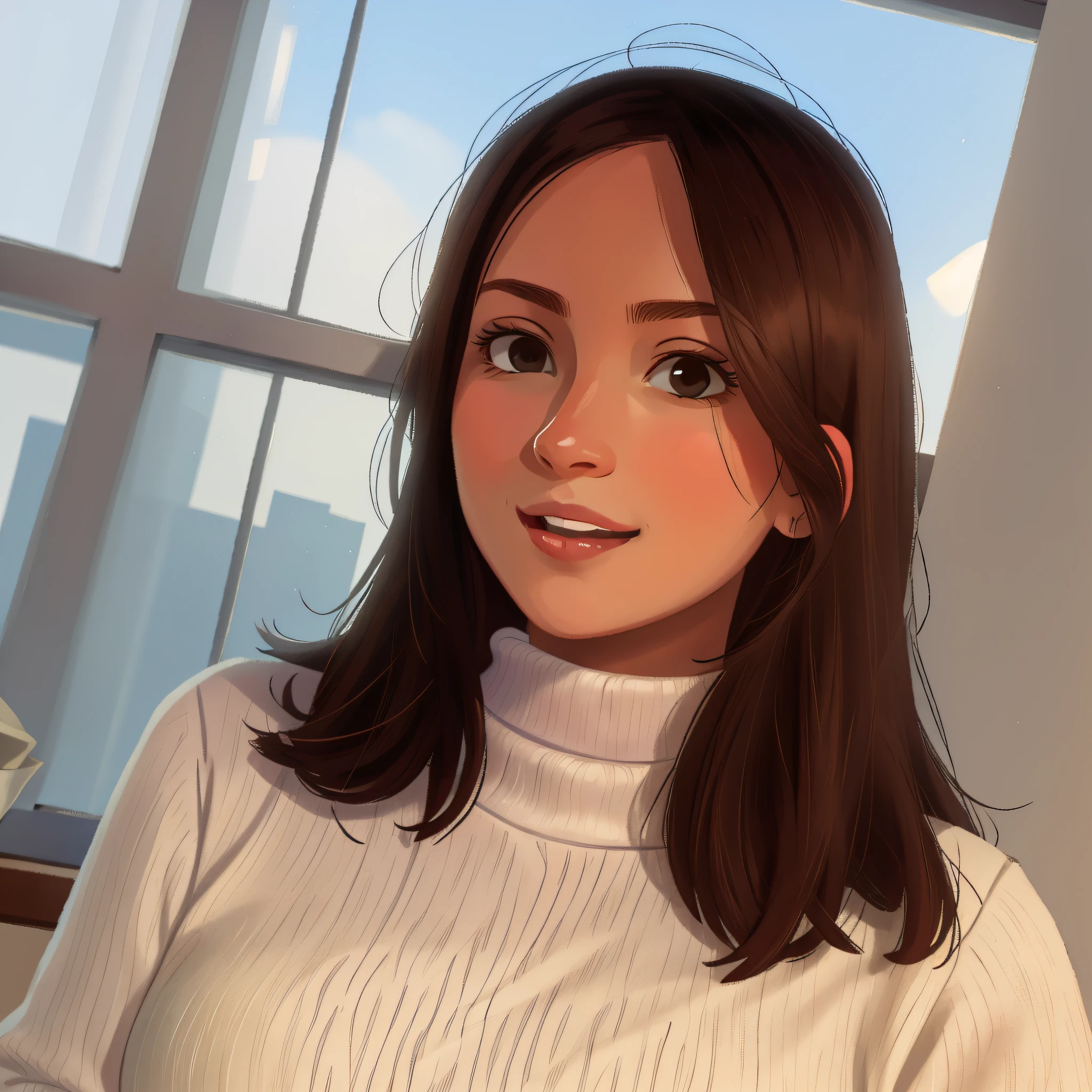Arafed is a woman in a white sweater standing in front of the window looking at the viewer, mouth closed! smile lips compressed, straight nose!!, closed mouth, professional photo, professional profile picture, Julia Sarda, profile picture to the head, Victoria Gavrilenko, Julia Fuentes, Kylie Mandel, professional headshot, Valentina Remenard, head and shoulder shot, frontal photo, Christina Kritkow, Mina Petrovich, high quality portrait