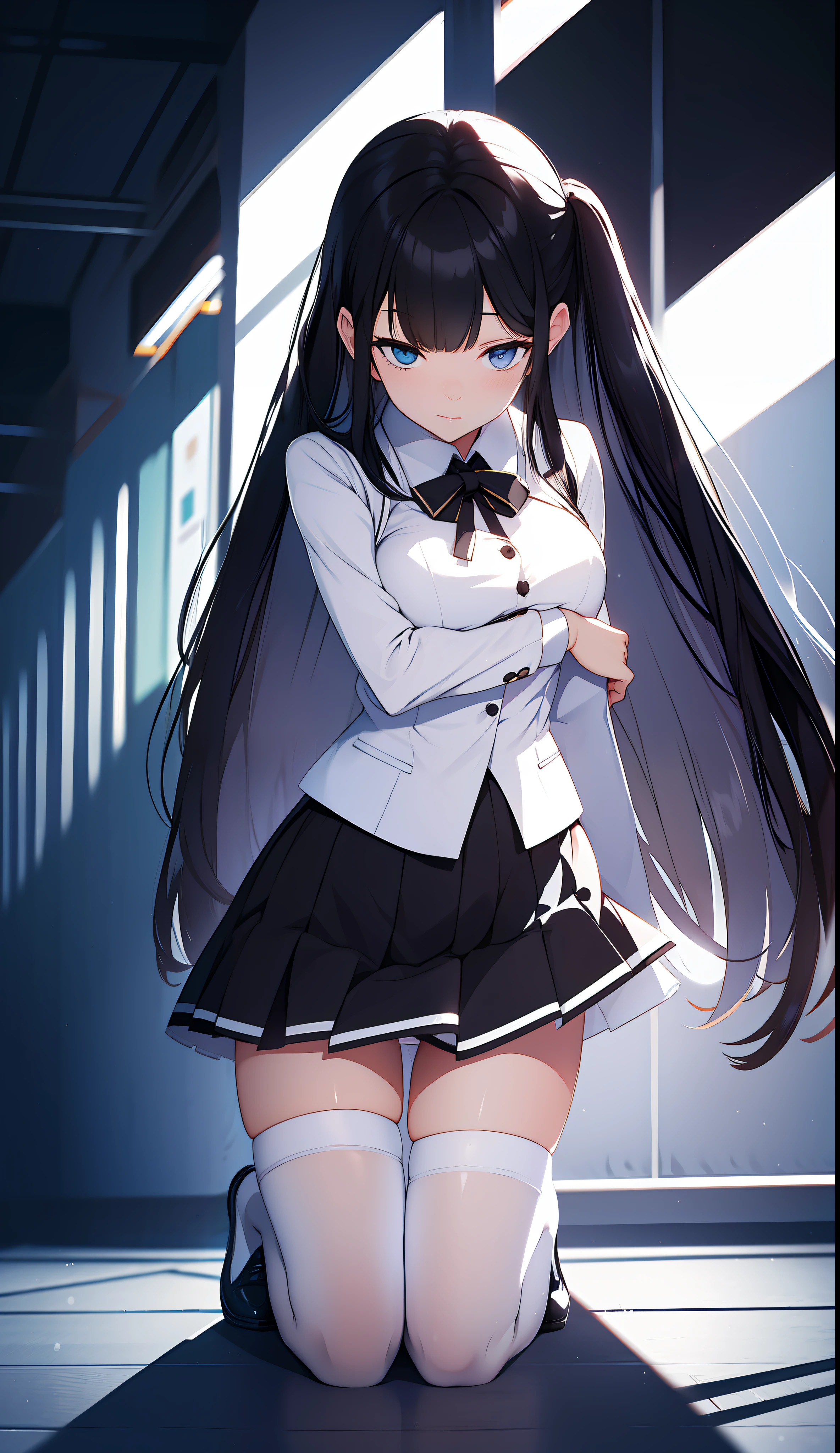 White panty, black skirt, visible panty, black hair, M legs, kneeling,