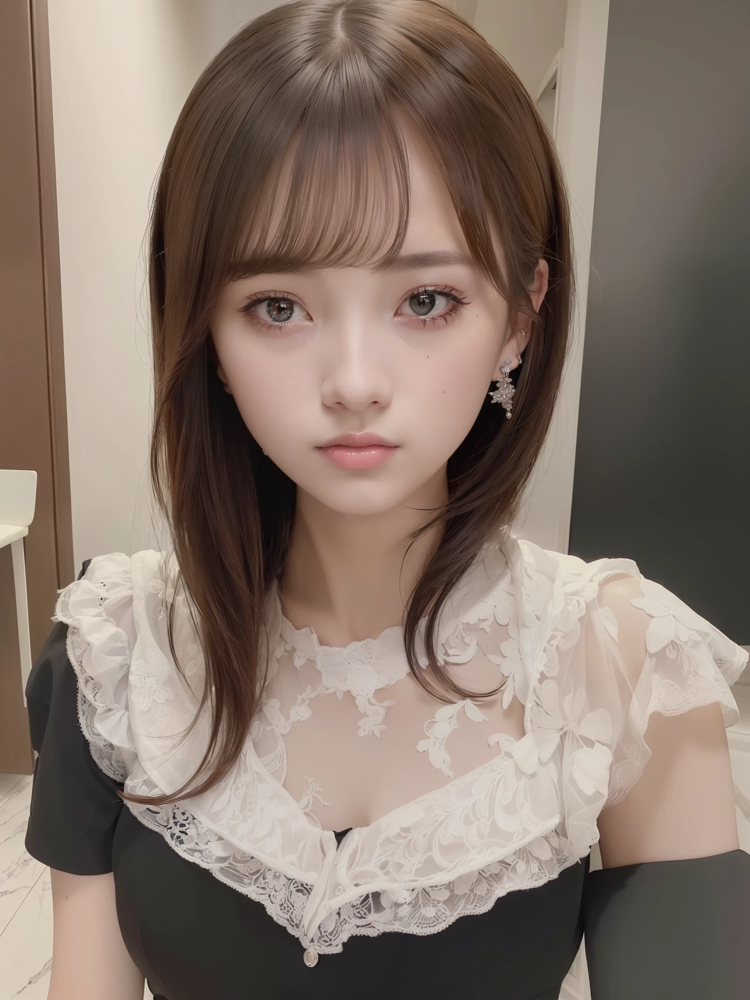 (8k, best quality, masterpiece, ultra high res, highly detail face:1.3), portrait, (20 years old girl:1.3), beautiful, kawaii, dark hair,bob, clothes, from front, (crying),Inside the room,