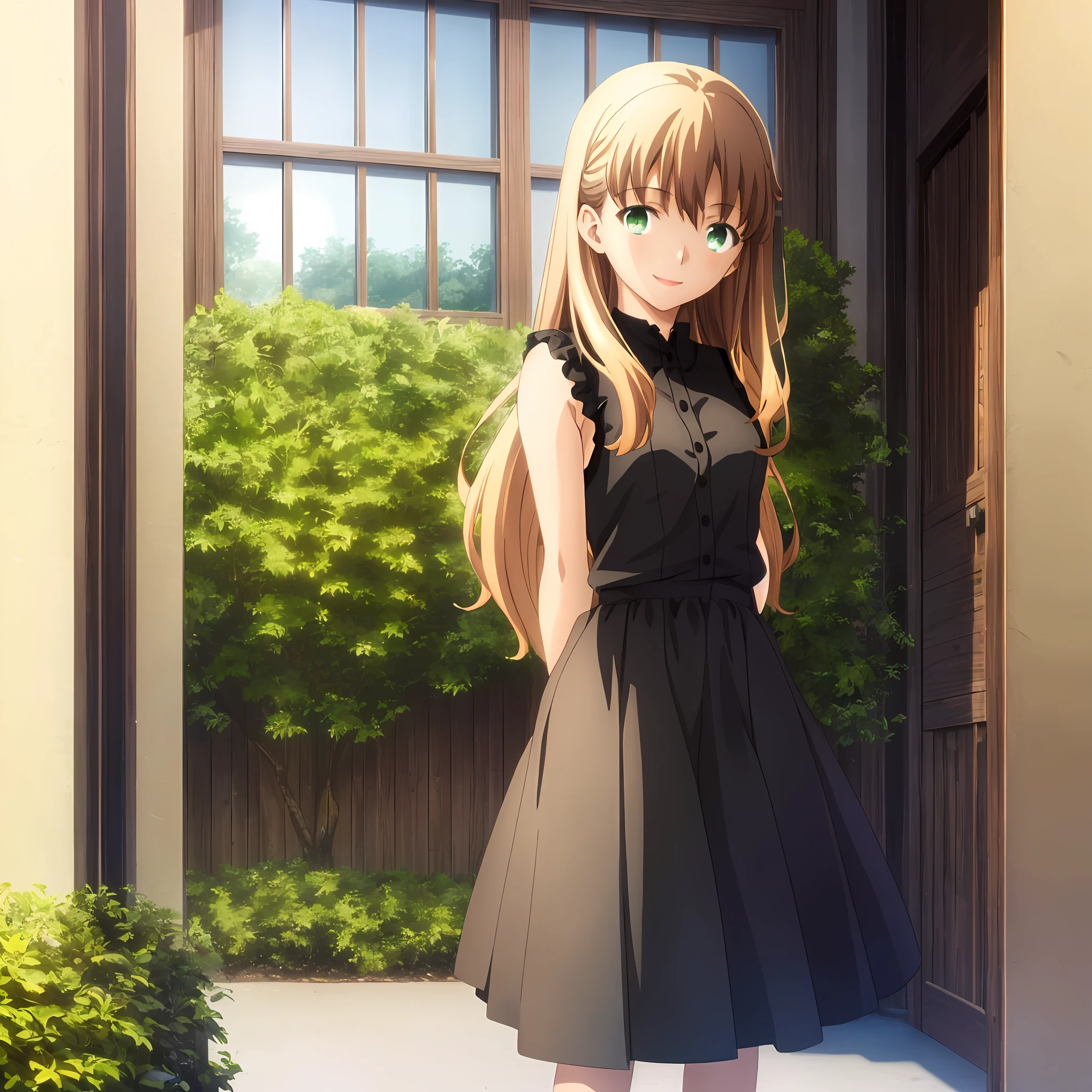 (masterpiece, best quality, ultra resolution, high-res, ufotable screen cap, official art, close-up, face, only face), a cute and happy girl, 1girl, solo, blonde very long hair, green eyes, detailed eyes, beautiful detailed eyes, hands behind back, arms behind back, sleeveless white shirt, black skirt, (small breasts, Loli:1.2), big smile, happy, cute, looking at viewer, indoors, very very cute, soft expression