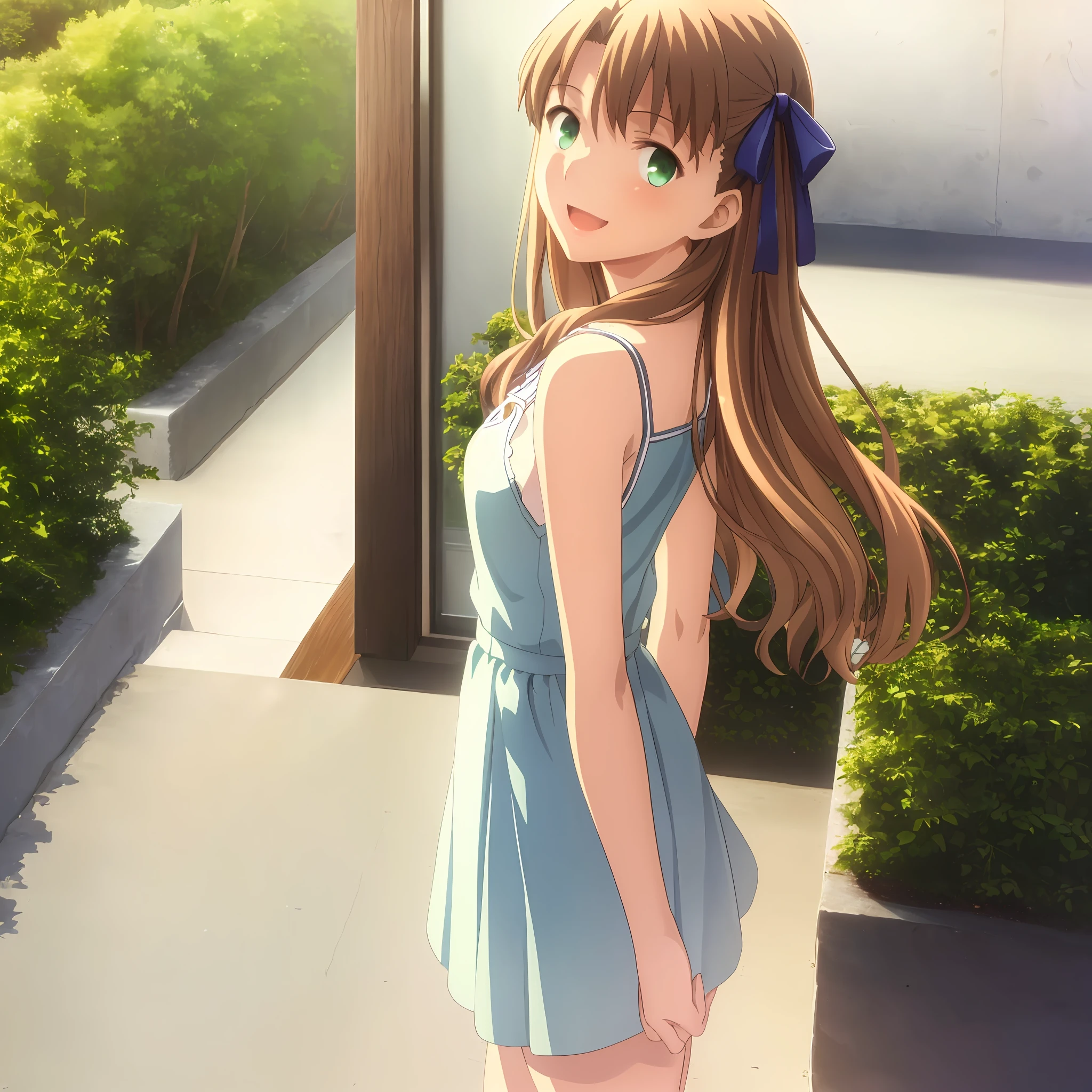 (masterpiece, best quality, ultra resolution, high-res, ufotable screen cap, official art, close-up, face, only face), a cute and happy teen girl, 1girl, solo, blonde very long hair, green eyes, detailed eyes, beautiful detailed eyes, hands behind back, arms behind back, sleeveless white shirt, black skirt, (small breasts, Loli:1.2), big smile, happy, cute, looking at viewer, indoors, very very cute, soft expression
