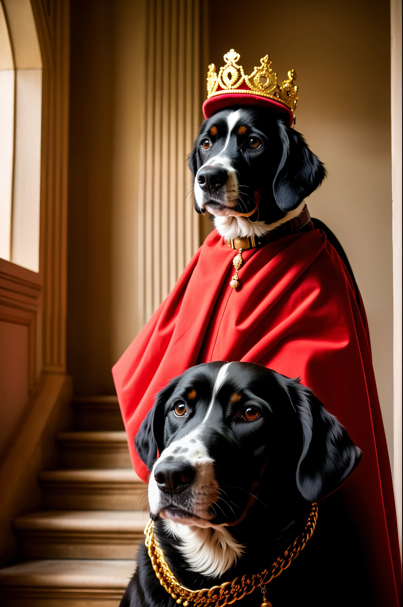 RAW photo, animal, a portrait photo of [king:queen:dog:1] humanoid in royal garb, background castle stairwell, diffuse candlelight, face, 8k uhd, dslr, soft lighting, high quality, film grain, Fujifilm XT3