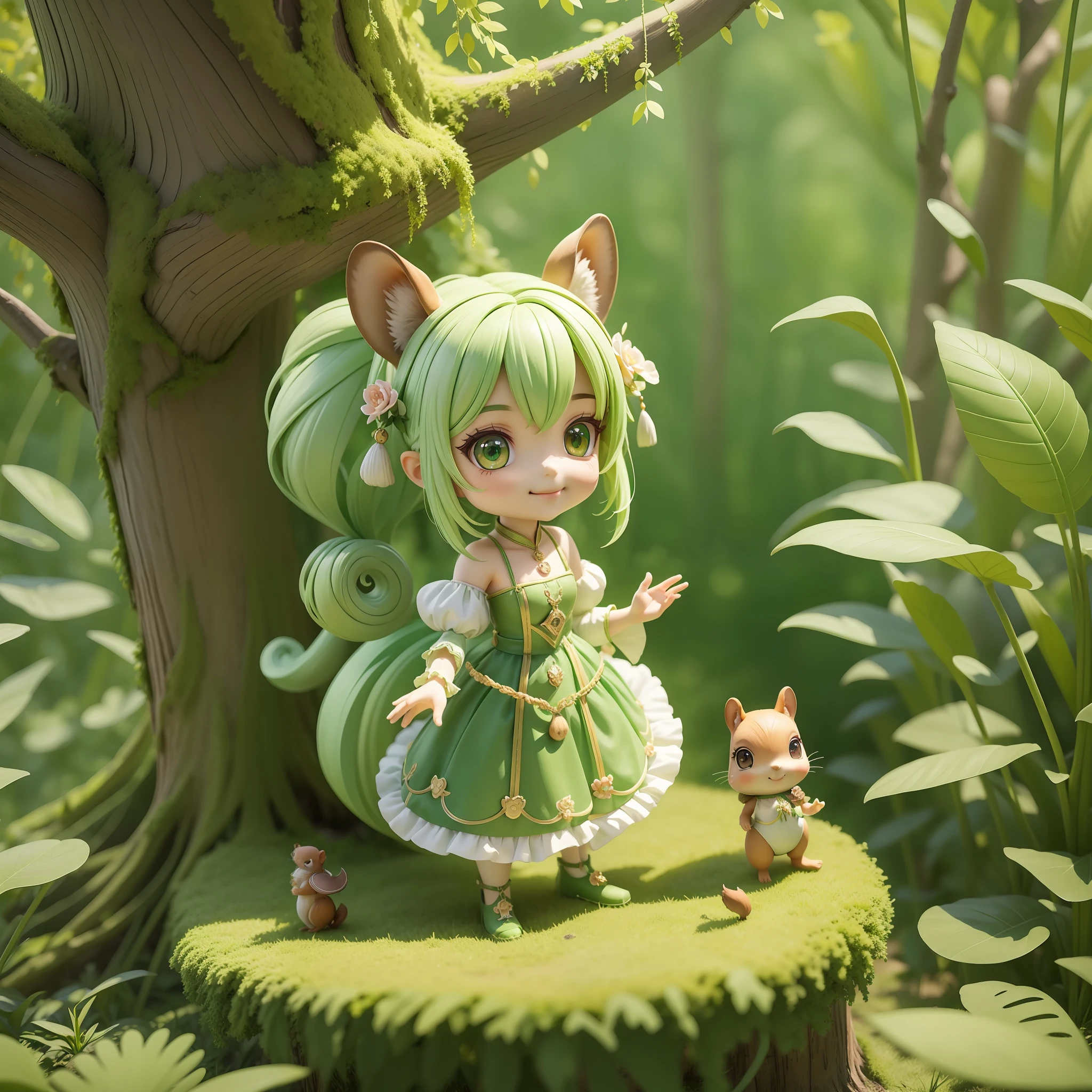 Masterpiece, Best Quality, Lots of Detail, (Full Body:1.2), Chibi, Plant Girl, Pale Green Hair, Magician Long Dress, Lively, Squirrel Ears, Squirrel Man, Squirrel Tail, Squirrel, Big Eyes, Smile, 3D Rendering, Q Print Style