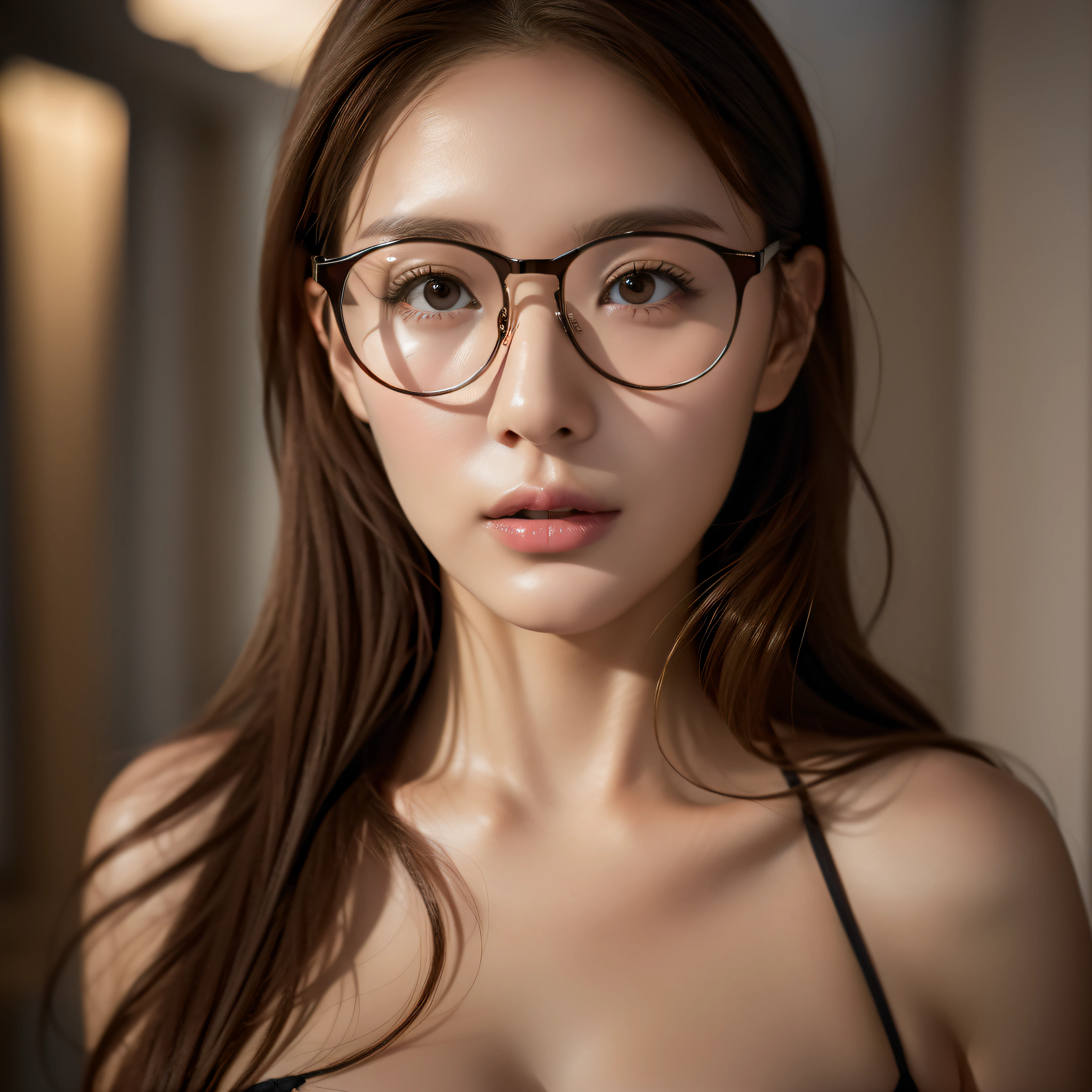 8K, RAW photo,high quality, realistic, professional lighting, face lighting, depth of field, monofocal, full body, 29 years old woman, brown hair, brown eyes, small head, perfect chest shape, beautiful eyes, real face, real skin, textured skin, wearing glasses, pantyhose, tease, on balcony