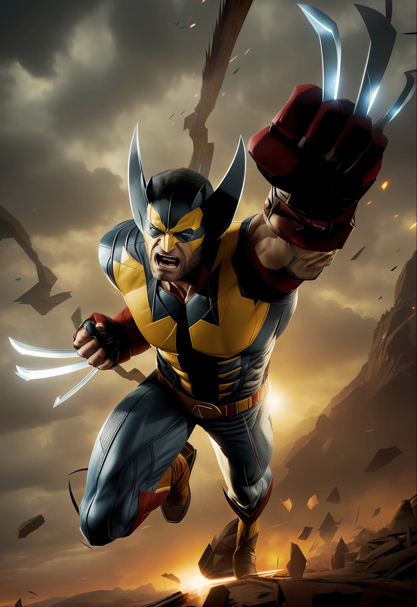 Wolverine in the middle of a storm of destruction, Wolverine Action pose, Wolverine Ate, Wolverine, Yellow X-Man Costume, Marvelous Expression, Portrait of Wolverine, Danny DeVito as Wolverine, Spiderman as Wolverine, Marvel Character, Wallpaper - 1 0 2 4, Textless, Marvel Art, Clint Eastwood as Wolverine, Taron Egerton as Wolverine, The Wolverine in. .3d Realistically