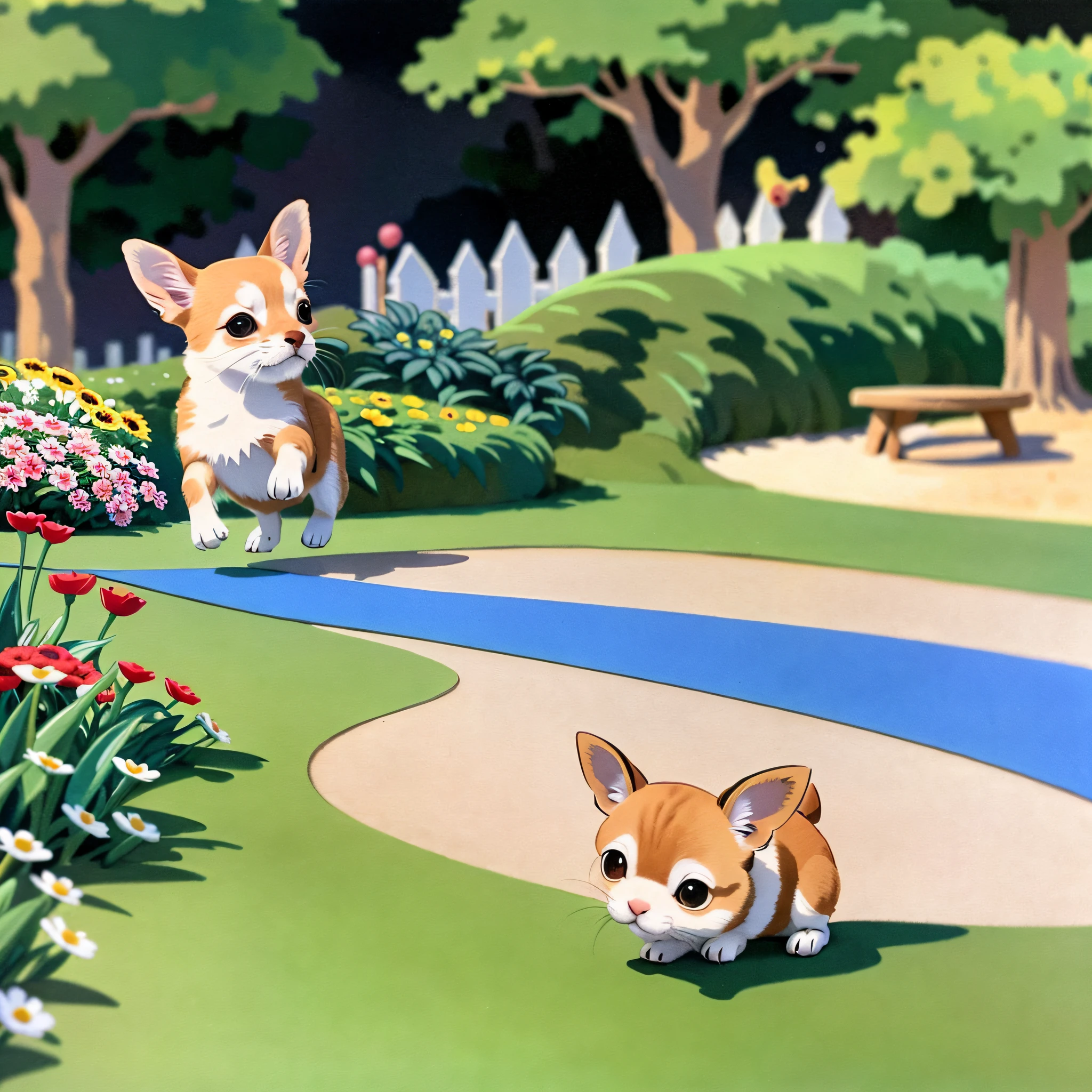 (masterpiece, best quality: 1.2, highest quality), negative space, drawing without coloring, Pixar and Disney style, a small and cute chihuahua dog running, has a small and cute cat running, has a small and cute rabbit in the garden, running, environment is a garden with trees and flowers