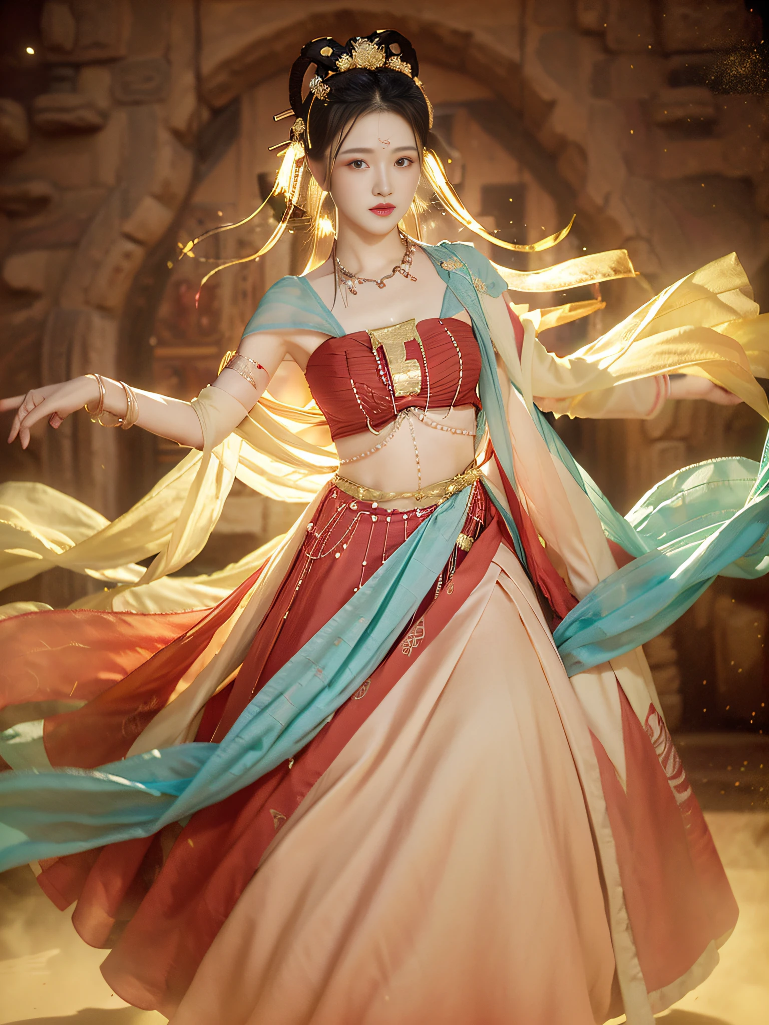 (8k, RAW photo, best quality, masterpiece:1.2), (realistic, photo-realistic:1.4), (extremely detailed CG unity 8k wallpaper), (1 girl:1.5), Western beauty, (Red clothes: 1.4), red spots on forehead, pale skin, blush, big eyes, full body, thighs, open navel, gold waist chain, gold jewelry, flying ribbons, particles, background is Loulan ancient city, ancient city wall, desert, dance, dunhuang_dress, dunhuang_style,