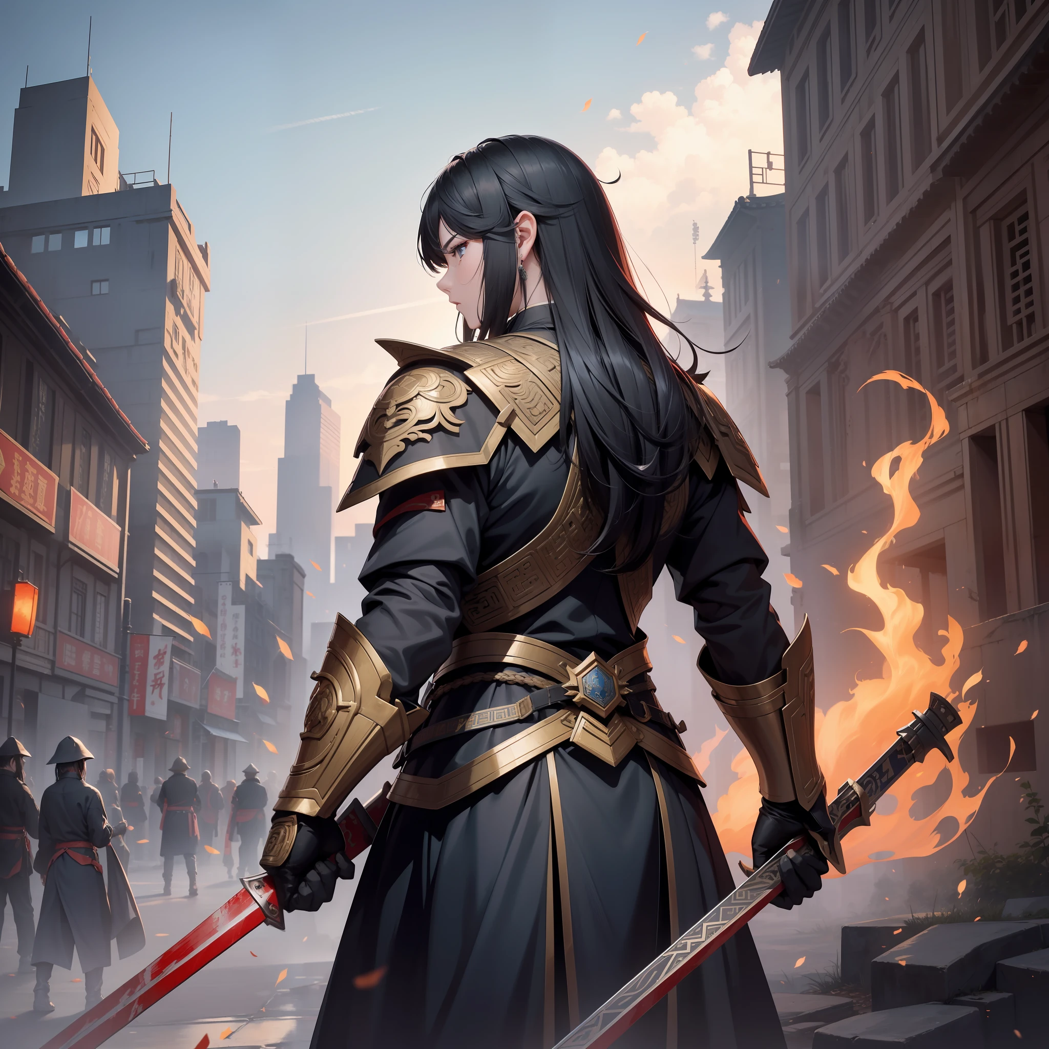 Absurd resolution, high resolution, (masterpiece: 1.4), hyper-detail, ancient China, black long-haired young man standing in front of 10,000 soldiers (1.3), roaring (1.2), crying (1.2), (back display 1.5) wearing Chinese blue ancient battle suit, wielding sword, blood, fighting, standing on ancient city wall (1.3), dusk, fire (man 1.5)