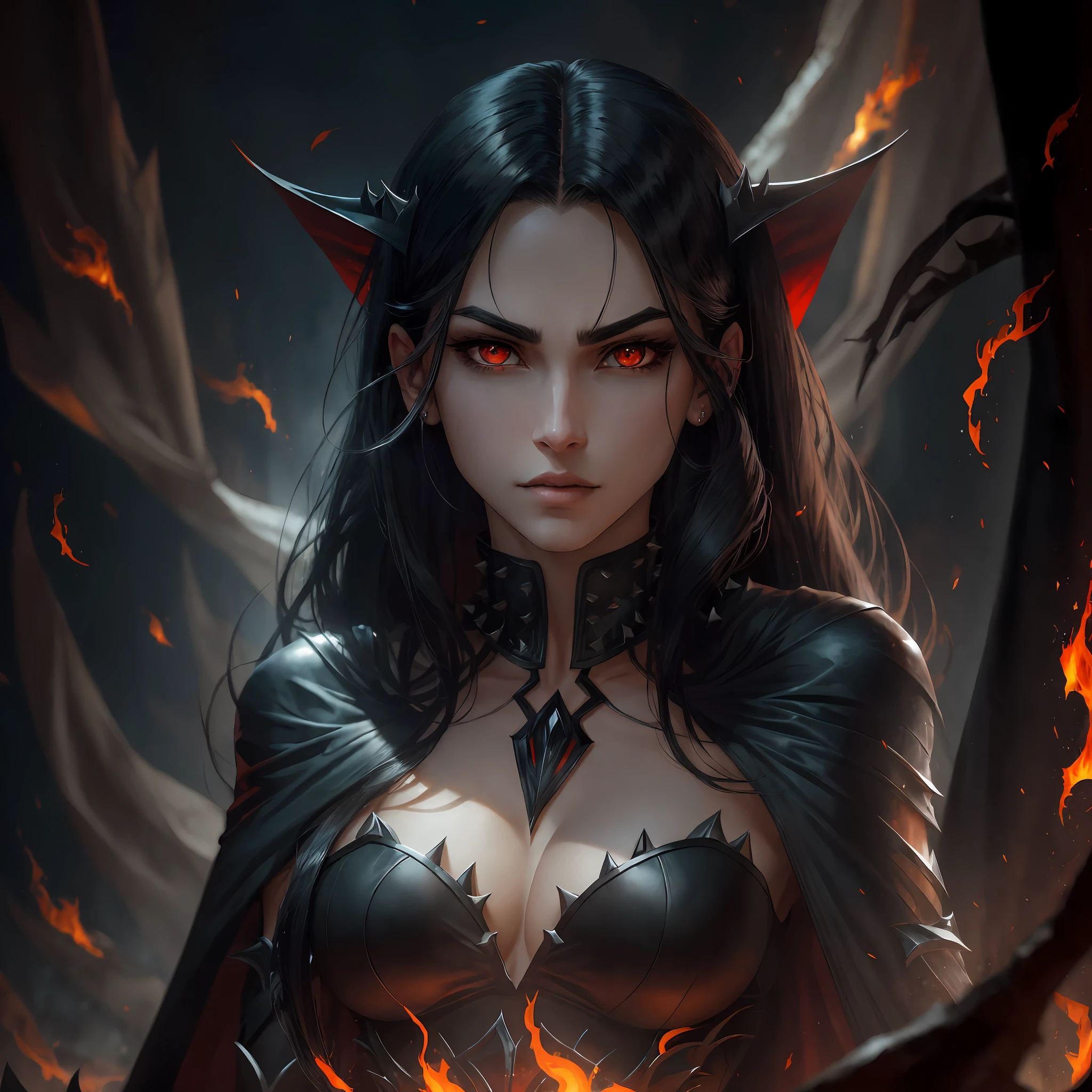 A beautiful vampire woman in the foreground, her supernatural beauty captivating the viewer. Her long, straight black hair is perfectly arranged, while her black eyes emanate mystery and seduction. She wears a black cape that flows elegantly around her, giving her an air of grandeur. In the background, her antagonist, a muscular man with spiky white hair and fire-colored eyes, stands out alongside a short, black-haired vampire whose eyes also glow in flaming hues --auto --s2