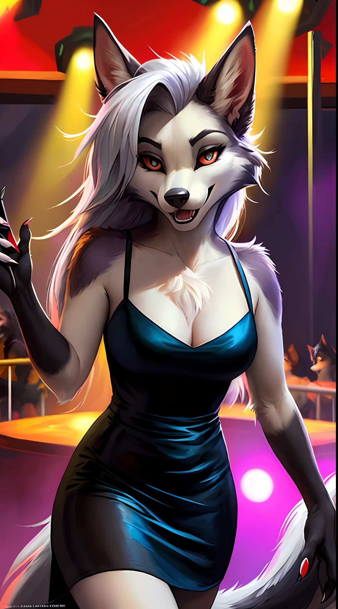 uploaded to e621, raw photo, realistic, anthro, detailed face, detailed fur, high resolution, beautiful and detailed portrait of Helluva Boss, Loona Hellhound, Loona, kenket, Ross Tran,ruan jia, uploaded to e621, zaush, foxovh, cenematic lighting, disco, club, party, spotlight, small chest, whole body, beautiful, enthusiastic face, solo, other Hellhounds in the background, 1girl, party dress, dress clothes