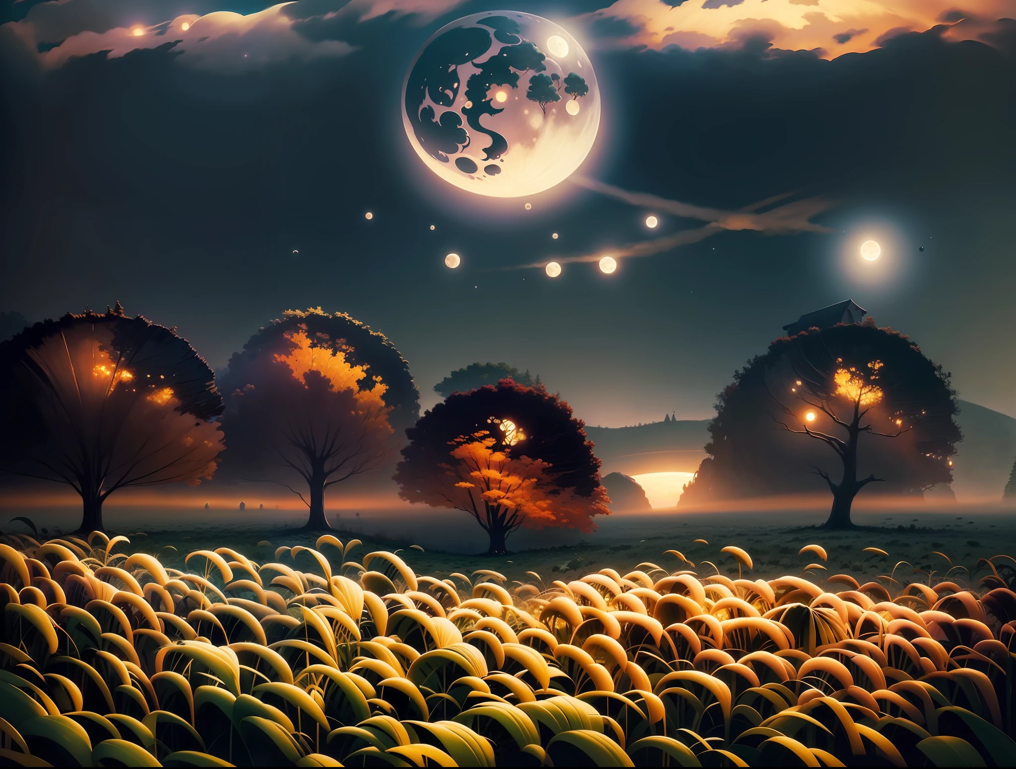 painting of a field with trees and a full moon, digital art by Vladimir Kush, tumblr, digital art, autumn night, calm night. digital illustration, moonlit night dreamy atmosphere, whimsical fantasy landscape art, moon landscape, surreal gediminas pranckevicius, dan mcpharlin, beautiful moonlight night, surreal scene, surreal art --auto --s2