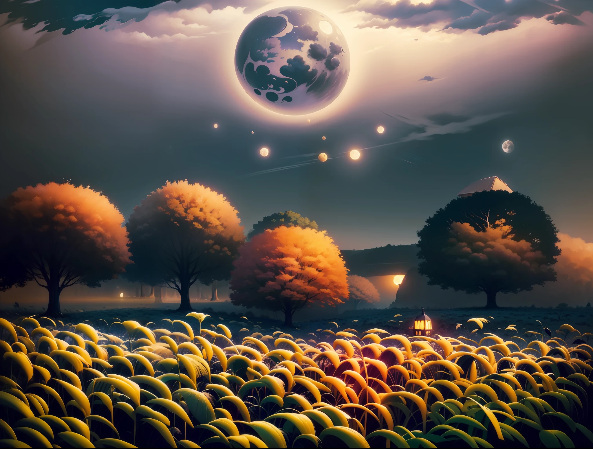 painting of a field with trees and a full moon, digital art by Vladimir Kush, tumblr, digital art, autumn night, calm night. digital illustration, moonlit night dreamy atmosphere, whimsical fantasy landscape art, moon landscape, surreal gediminas pranckevicius, dan mcpharlin, beautiful moonlight night, surreal scene, surreal art --auto --s2