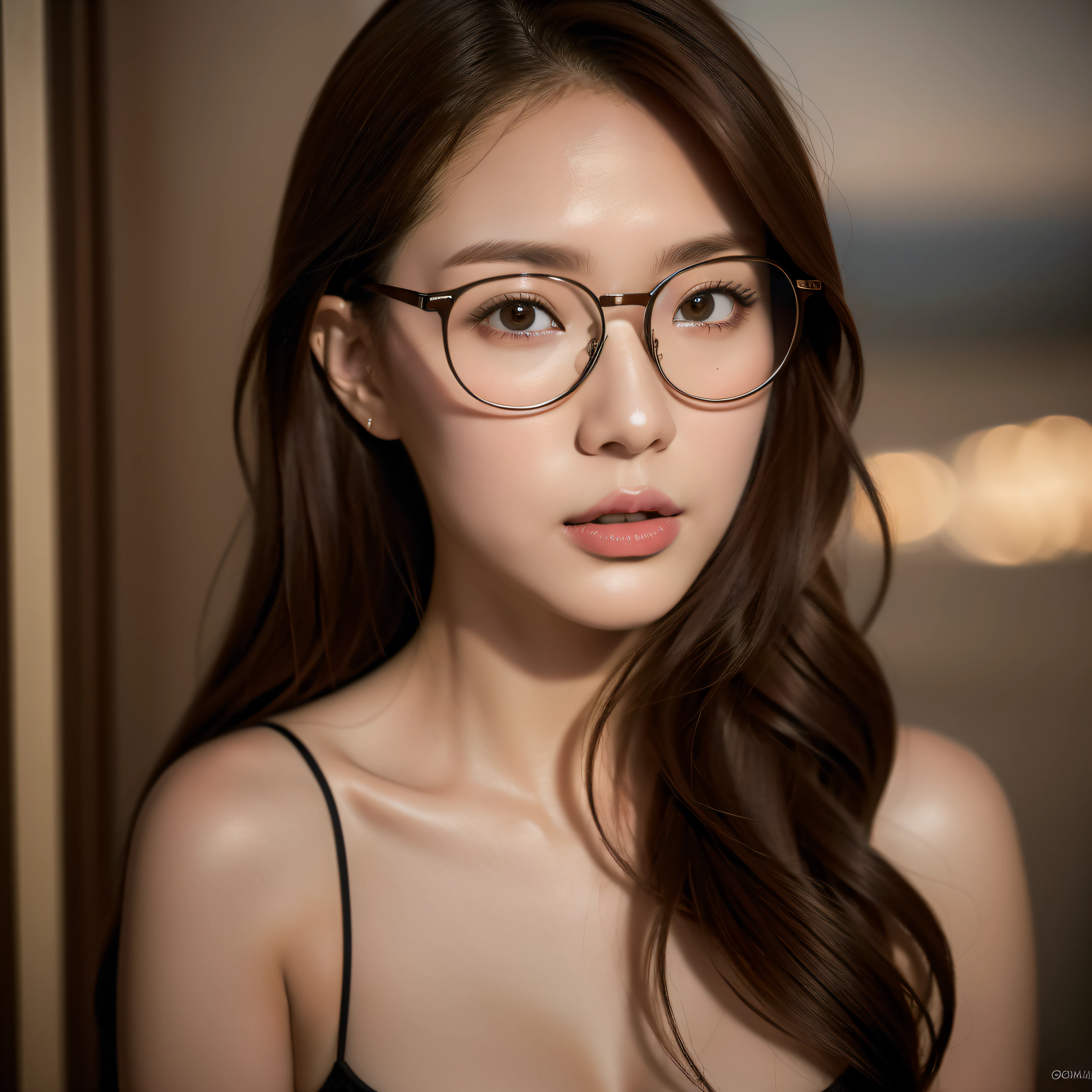 8K, RAW photo,high quality, realistic, professional lighting, face lighting, depth of field, monofocal, full body, 29 years old woman, brown hair, brown eyes, small head, perfect chest shape, beautiful eyes, real face, real skin, textured skin, wearing glasses, pantyhose, tease, on balcony