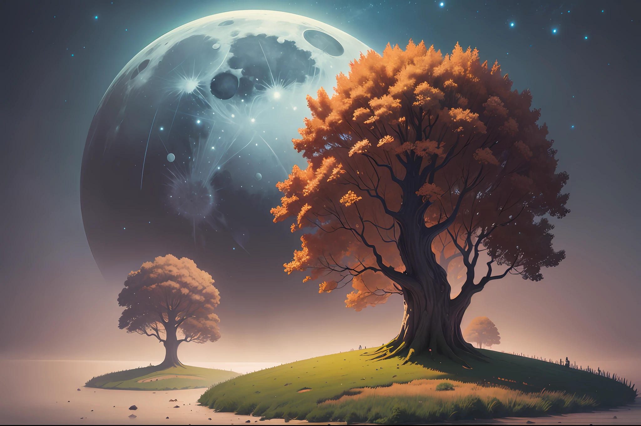 there is a painting of a field with trees and a full moon, digital art by Vladimir Kush, tumblr, digital art, autumn night, calm night. digital illustration, moonlit night dreamy atmosphere, whimsical fantasy landscape art, moon landscape, surreal gediminas pranckevicius, dan mcpharlin, beautiful moonlight night, surreal scene, surreal art --auto --s2