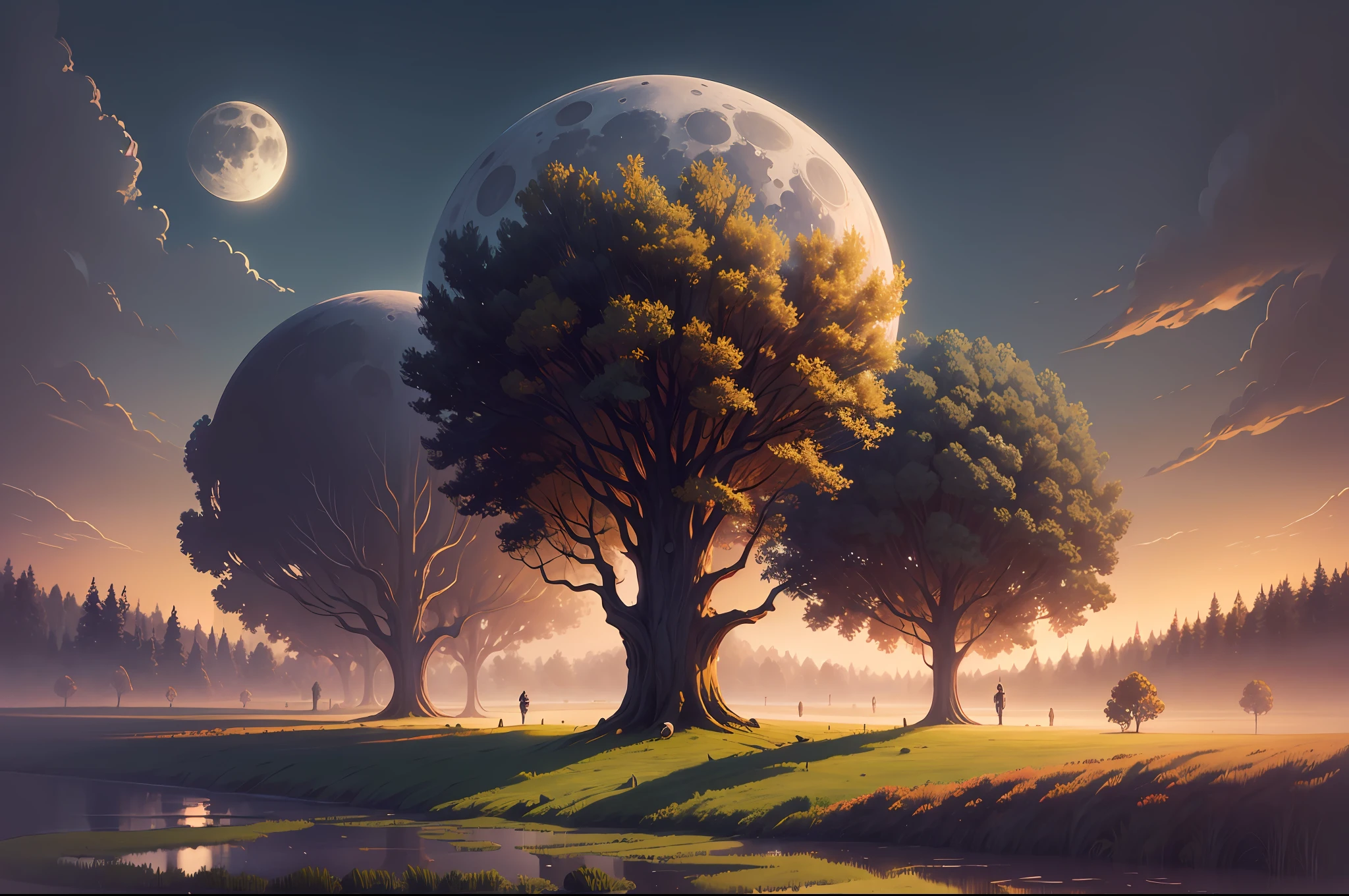 there is a painting of a field with trees and a full moon, digital art by Vladimir Kush, tumblr, digital art, autumn night, calm night. digital illustration, moonlit night dreamy atmosphere, whimsical fantasy landscape art, moon landscape, surreal gediminas pranckevicius, dan mcpharlin, beautiful moonlight night, surreal scene, surreal art --auto --s2