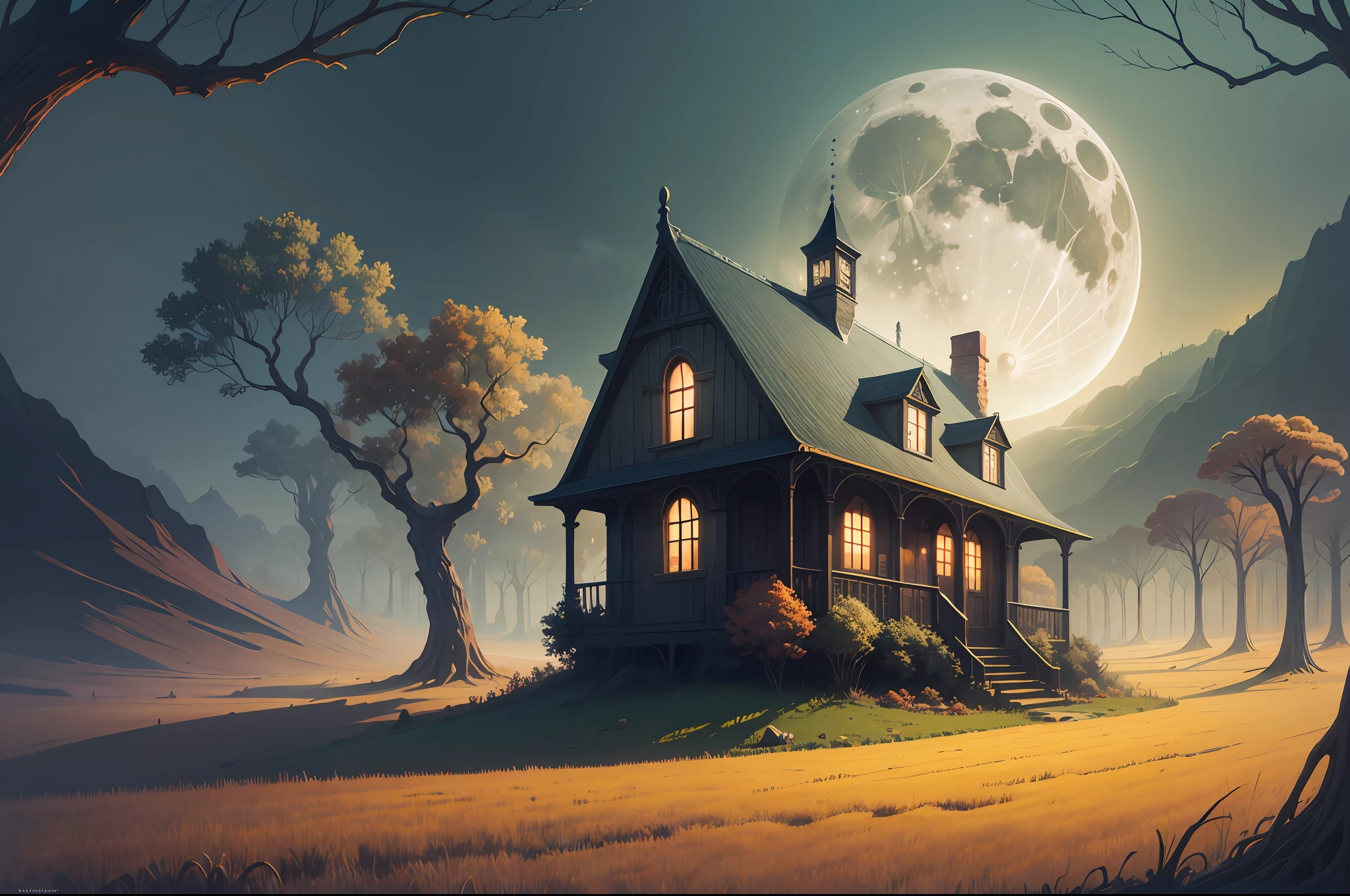 there is a painting of a field with trees and a full moon, digital art by Vladimir Kush, tumblr, digital art, autumn night, calm night. digital illustration, moonlit night dreamy atmosphere, whimsical fantasy landscape art, moon landscape, surreal gediminas pranckevicius, dan mcpharlin, beautiful moonlight night, surreal scene, surreal art --auto --s2