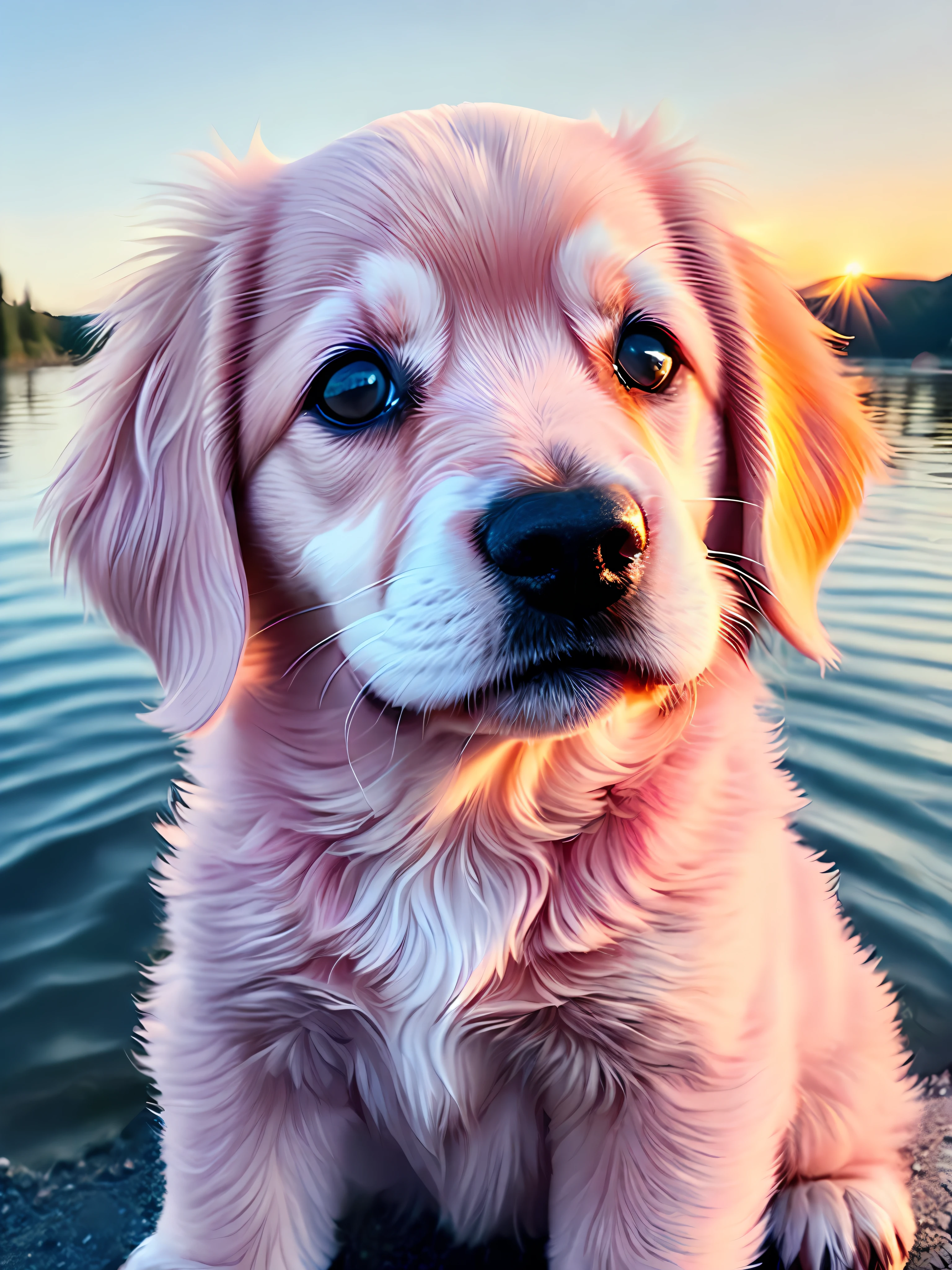 Close-up photo of a very cute pink puppy on the lake, pink, soft volumetric light, (backlight: 1.3), (movie: 1.2), intricate details, (ArtStation: 1.3), Rutkowski