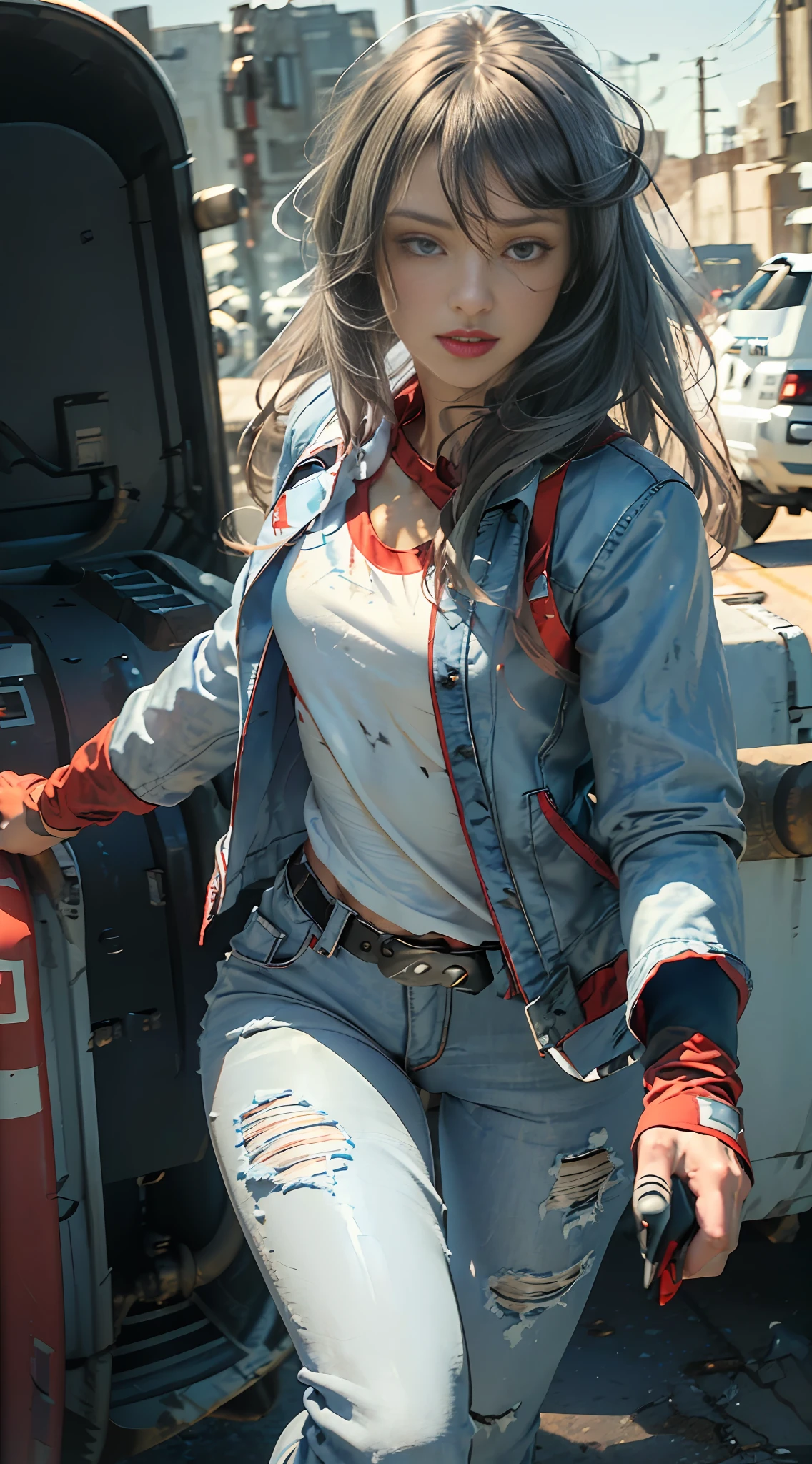 ((Sci-fi fantasy)), (Masterpiece), (professional oil painting) (best quality), (8k resolution), (1 beautiful girl), her name is Jessie and has blue eyes, ((pale gray skin)), (iron gray skin), ((blue jeans)), ((normal white shirt underneath red jacket)), ((red lipstick)), ((wearing black sneakers)), (comcept art), (small chest), (long hair), (messy hair), (white hair), (iron gray hair),  ((action scene)), ((Jessie is in a chase)), (Jessie is with left arm outstretched with a pistol in her hand and aiming), ((staring at the gun)) (expression of fear on the roto), scene tença, (1 black pistol shooting)