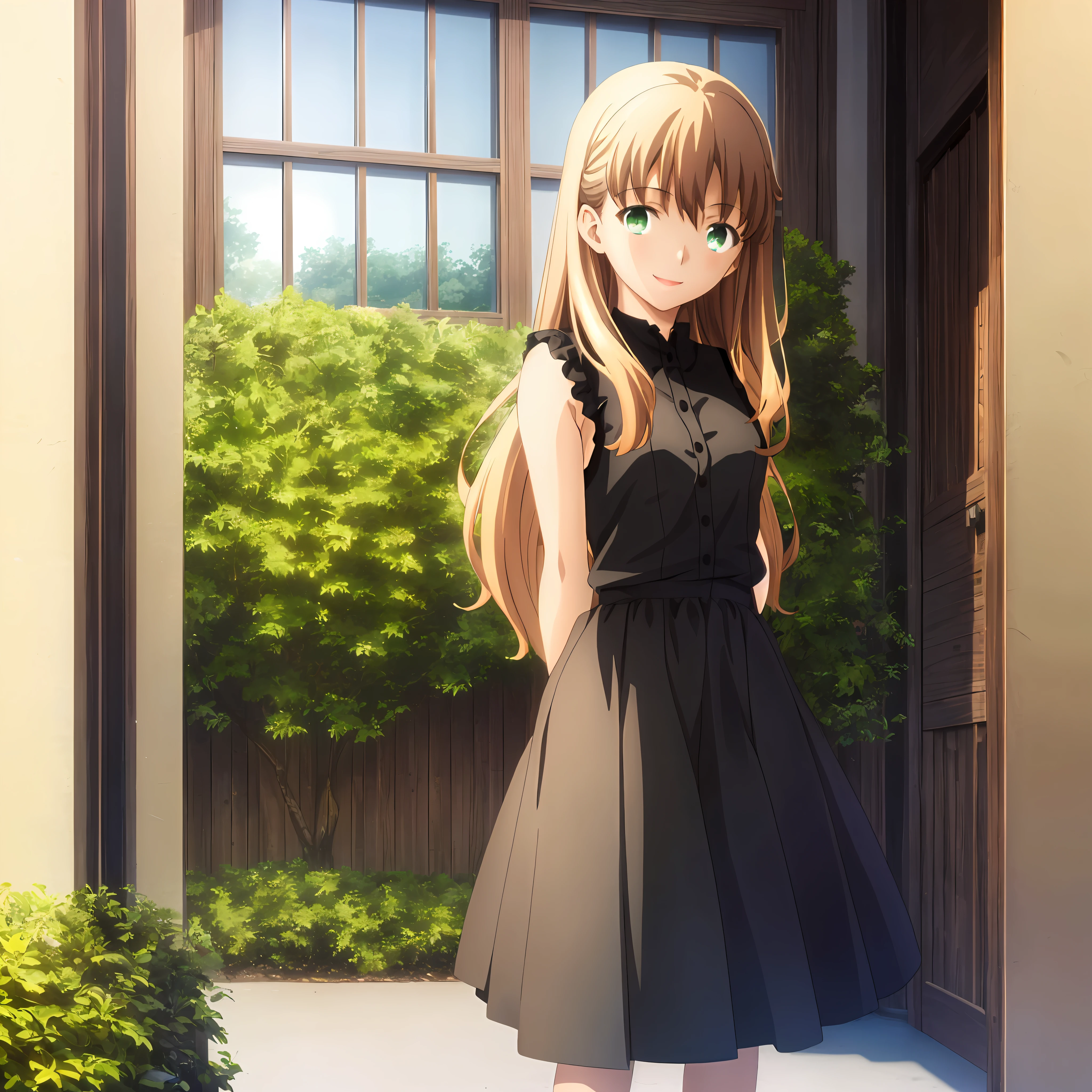 (masterpiece, best quality, ultra resolution, high-res, ufotable screen cap, official art, close-up, face, only face), a cute and happy girl, 1girl, solo, blonde very long hair, green eyes, detailed eyes, beautiful detailed eyes, hands behind back, arms behind back, sleeveless white shirt, black skirt, (small breasts, Loli), big smile, happy, cute, looking at viewer, indoors, very very cute, soft expression