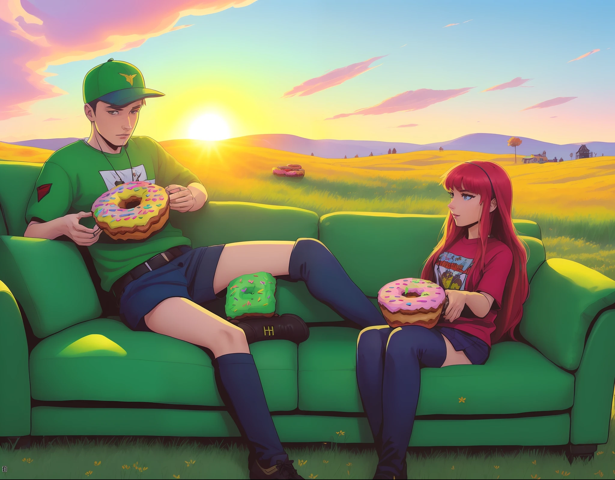 "(((comics, family, three people),(meadow and sofa),(eating donuts)),(Slav),[Derpibooru popular in:1.2],(8k)),(from Dechko Uzunov),(girl smoking), 🪔 🎨 ;(bright sun on the horizon),, 🌄 🦜🍀 )"