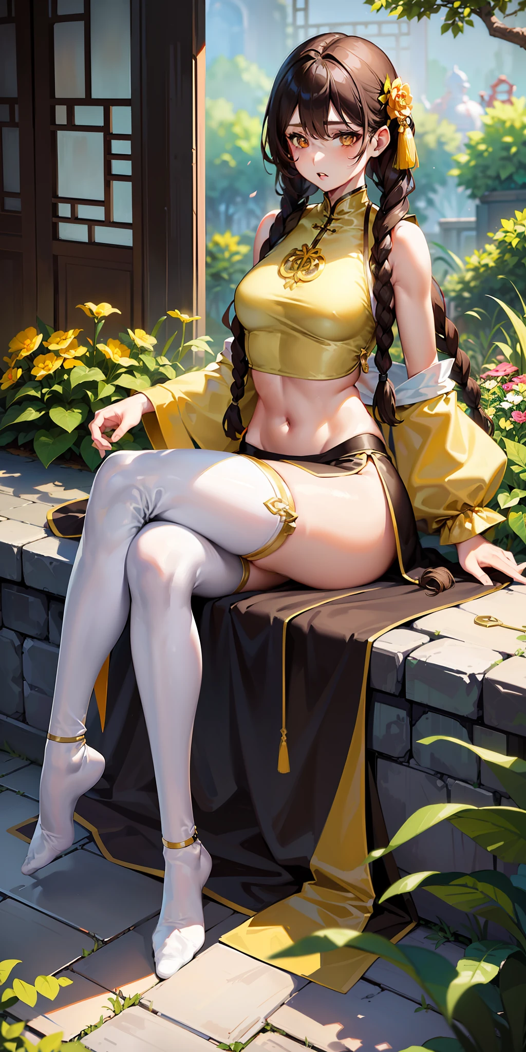 (feminine, brown hair, twin braids, yellow eyes, slender build, hourglass figure, Chinese dress, midriff baring, stirrup stockings, tranquil garden setting, sleeveless, parted lips, short dress, seated pose)