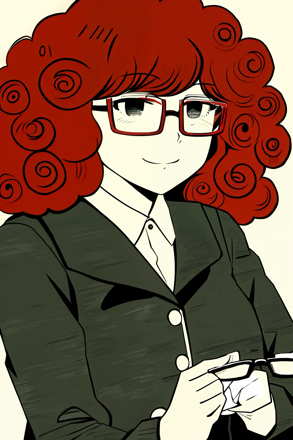 Communist woman, curly hair, small glasses