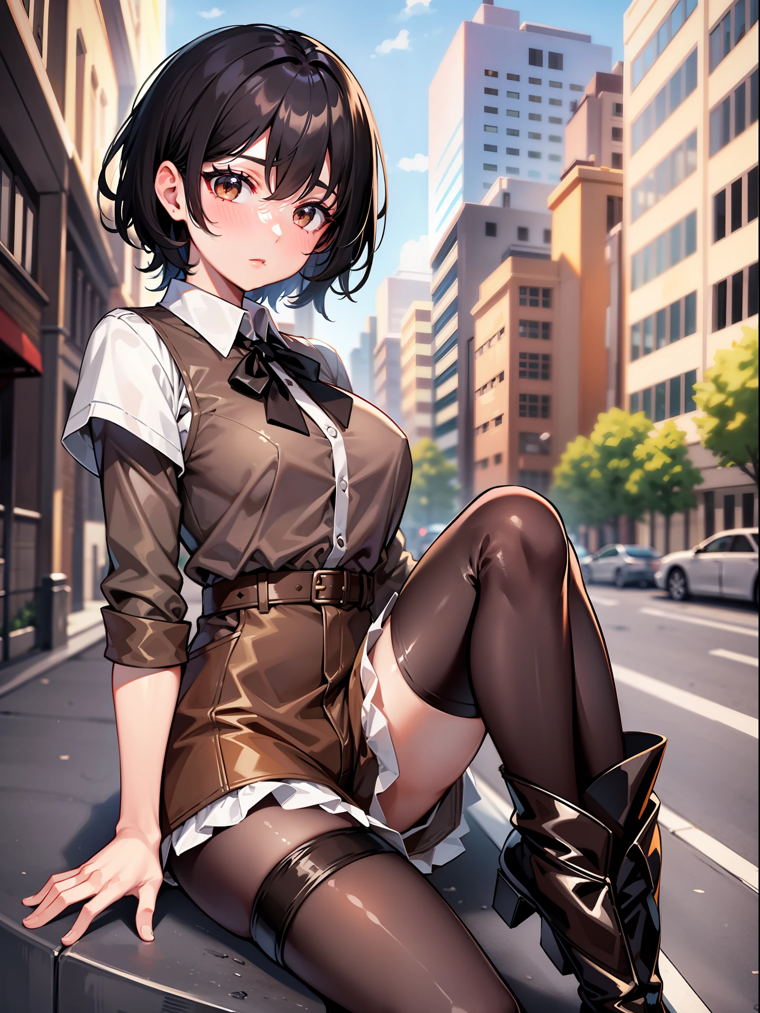 Black hair short hair, short brown clothes with white collar sleeves, brown shorts, knee high boots, color pantyhose, girl, outdoor