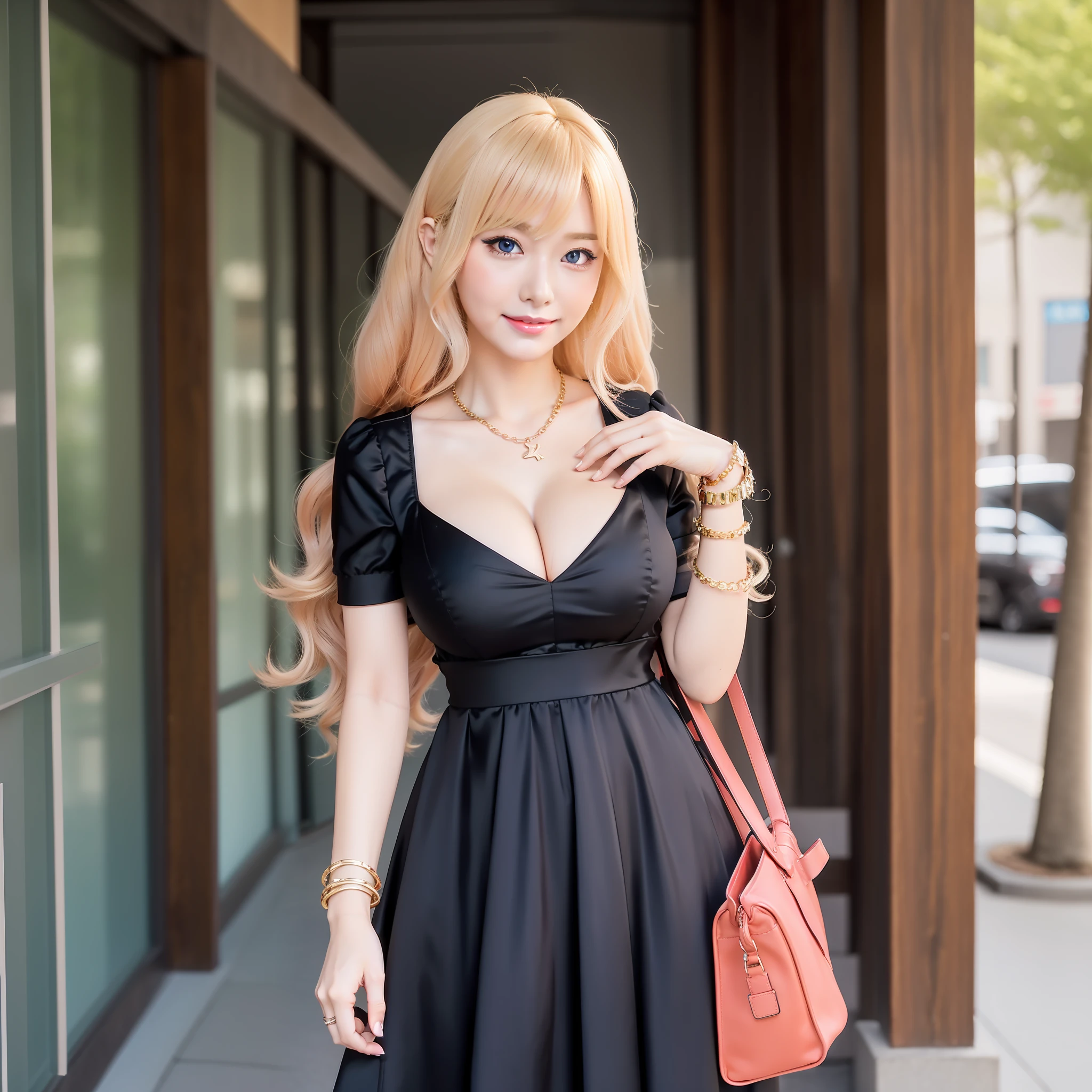 a anime doll with very big tits looks very sexy with a red purse 1 girl, breasts, cleavage, jewelry, blue eyes, large breasts, blonde hair, solo, long hair, bracelet, necklace, looking at viewer, smile, dress, short sleeves, holding, bag, collarbone, bangs, outdoors, ground vehicle, blush, parted lips, holding bag, black dress