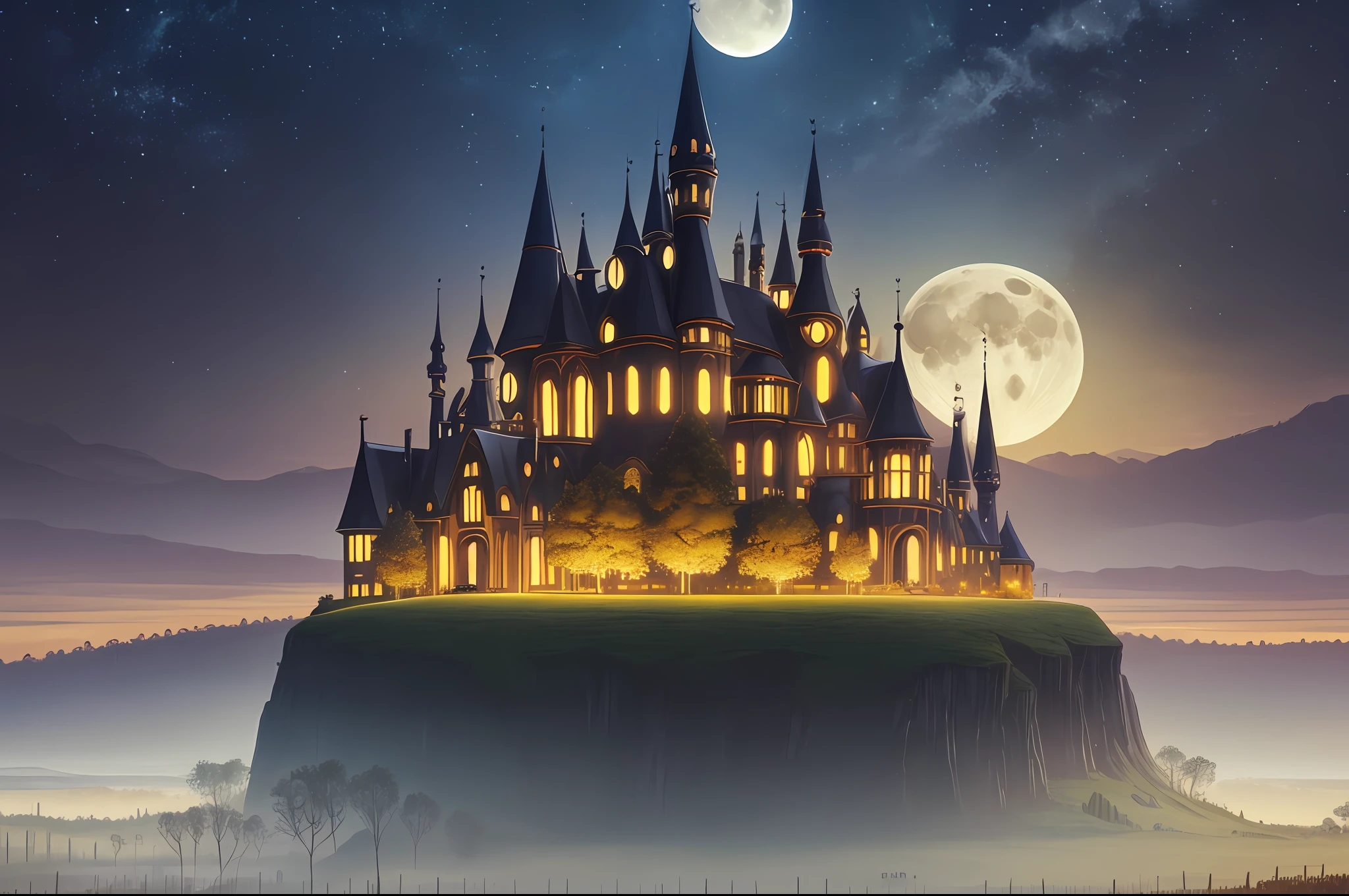 there is a painting of a field with trees and a full moon, digital art by Vladimir Kush, tumblr, digital art, autumn night, calm night. digital illustration, moonlit night dreamy atmosphere, whimsical fantasy landscape art, moon landscape, surreal gediminas pranckevicius, dan mcpharlin, beautiful moonlight night, surreal scene, surreal art --auto --s2
