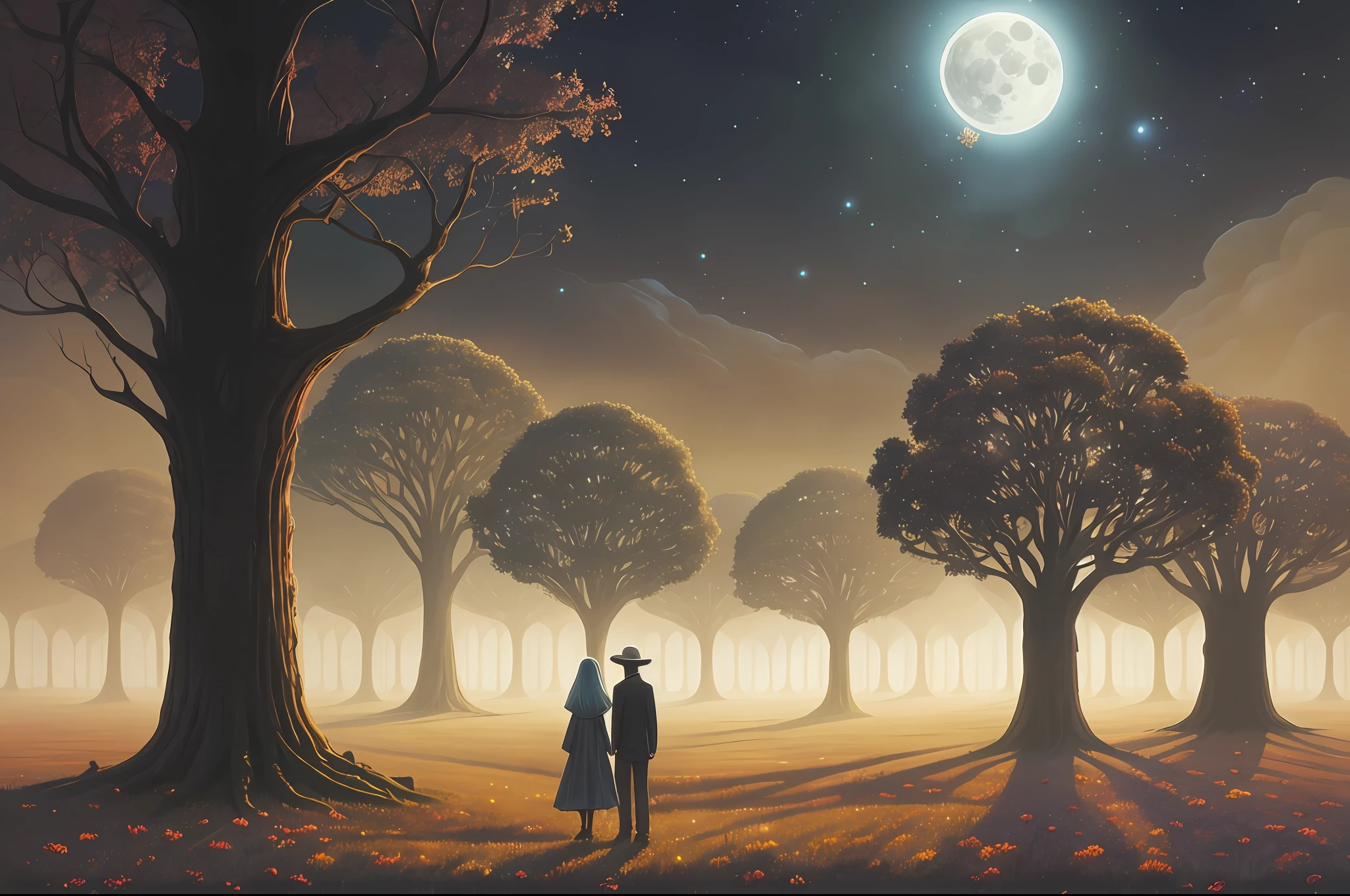 there is a painting of a field with trees and a full moon, digital art by Vladimir Kush, tumblr, digital art, autumn night, calm night. digital illustration, moonlit night dreamy atmosphere, whimsical fantasy landscape art, moon landscape, surreal gediminas pranckevicius, dan mcpharlin, beautiful moonlight night, surreal scene, surreal art --auto --s2