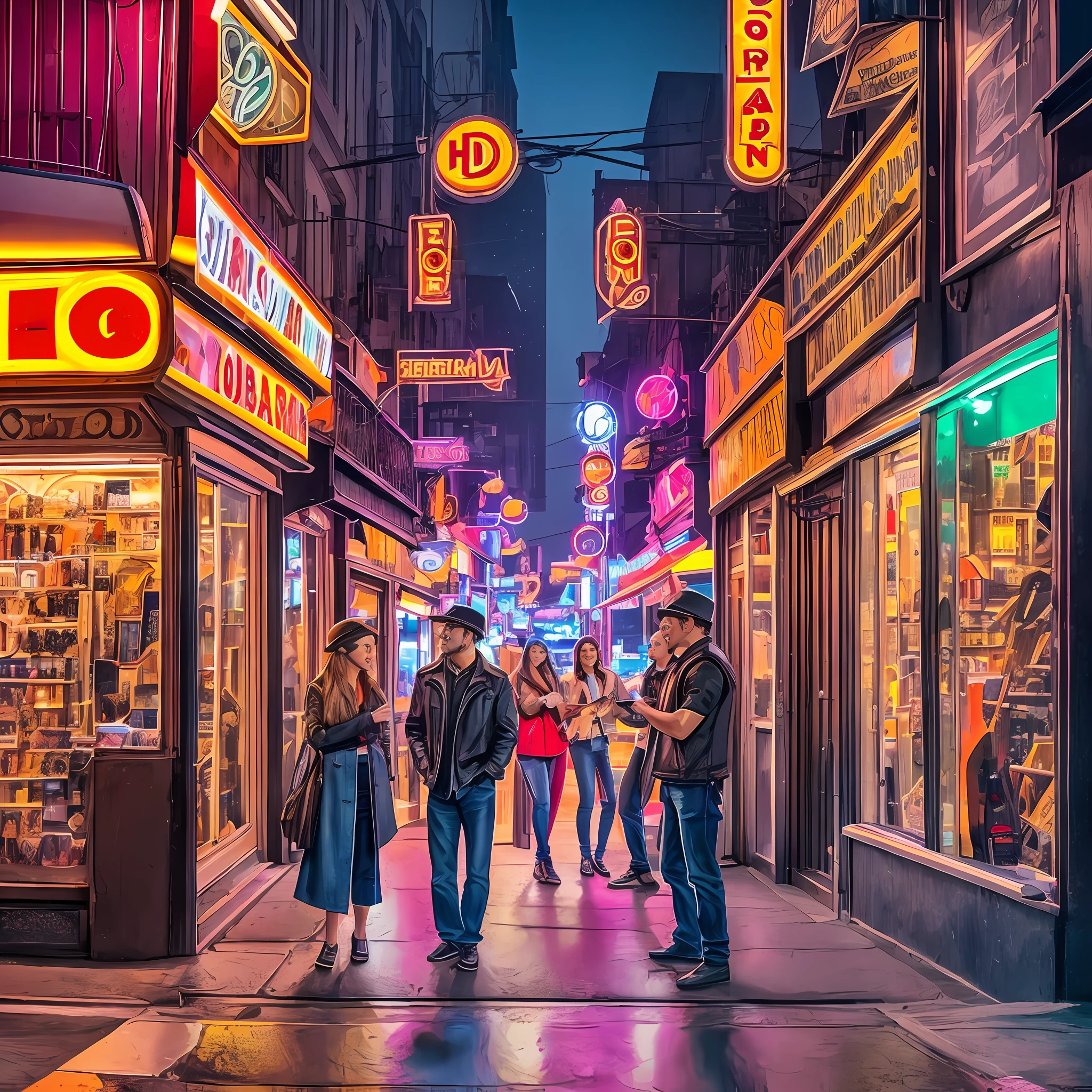 Generation of social realism, film lighting, UHD high resolution) shows a street scene expressed through color, the makeup characters smile, in the interweaving of chromatic differences and flashes show a unique sense of the times, polished lighting is shrouding the entire picture, characters and the background form an organic association, showing a blend of virtual and real, vibrant picture, characters show the upper body, the area of clothes on the body is small, there is a classic car reflected by the light in the background, the neon lights of the street behind them are staggered, at night, the characters are real and detailed, Five-doppelgänger --auto --s2