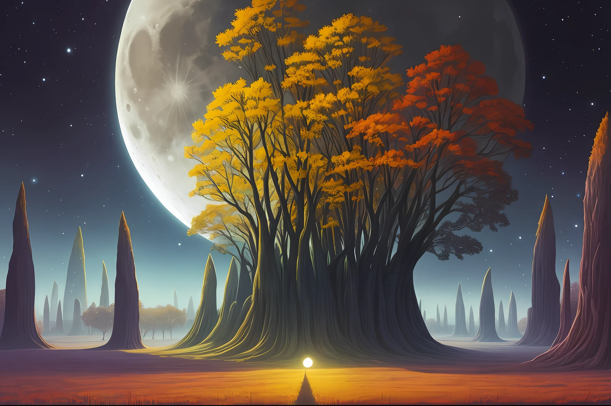 there is a painting of a field with trees and a full moon, digital art by Vladimir Kush, tumblr, digital art, autumn night, calm night. digital illustration, moonlit night dreamy atmosphere, whimsical fantasy landscape art, moon landscape, surreal gediminas pranckevicius, dan mcpharlin, beautiful moonlight night, surreal scene, surreal art --auto --s2