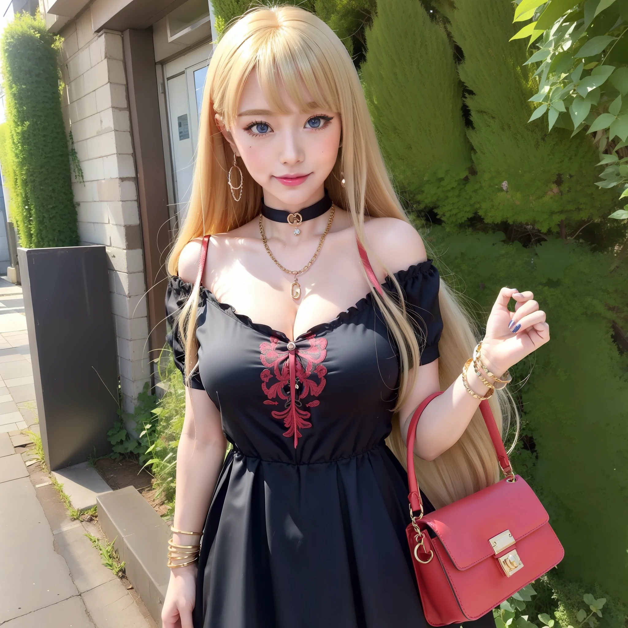 a anime doll with very big tits looks very sexy with a red purse 1 girl, breasts, cleavage, jewelry, blue eyes, large breasts, blonde hair, solo, long hair, bracelet, necklace, looking at viewer, smile, dress, short sleeves, holding, bag, collarbone, bangs, outdoors, ground vehicle, blush, parted lips, holding bag, black dress