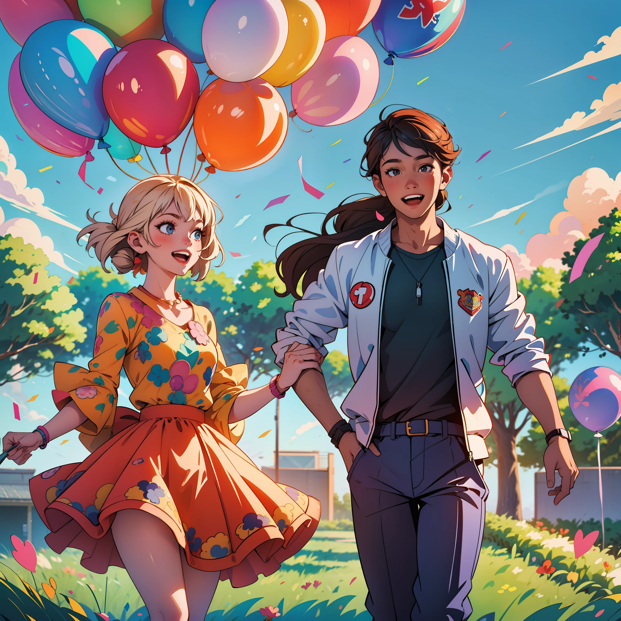 There are two people running with balloons on the field, a handsome guy, a beauty, two people walk separately, walk alone, and there is no contact between limbs!! , there is no contact with the limbs!! , there is no contact with the limbs!! , There is a lot of space between the two, lifestyle, baloons, carefree, balloons, hey, adults, , everyone has fun, happy people, holding balloons, happy couples, pure happiness, couple illustration, aesthetic illustration, movie perspective, movie picture sense, fine portrayal, with character details, beautiful lines, line art,