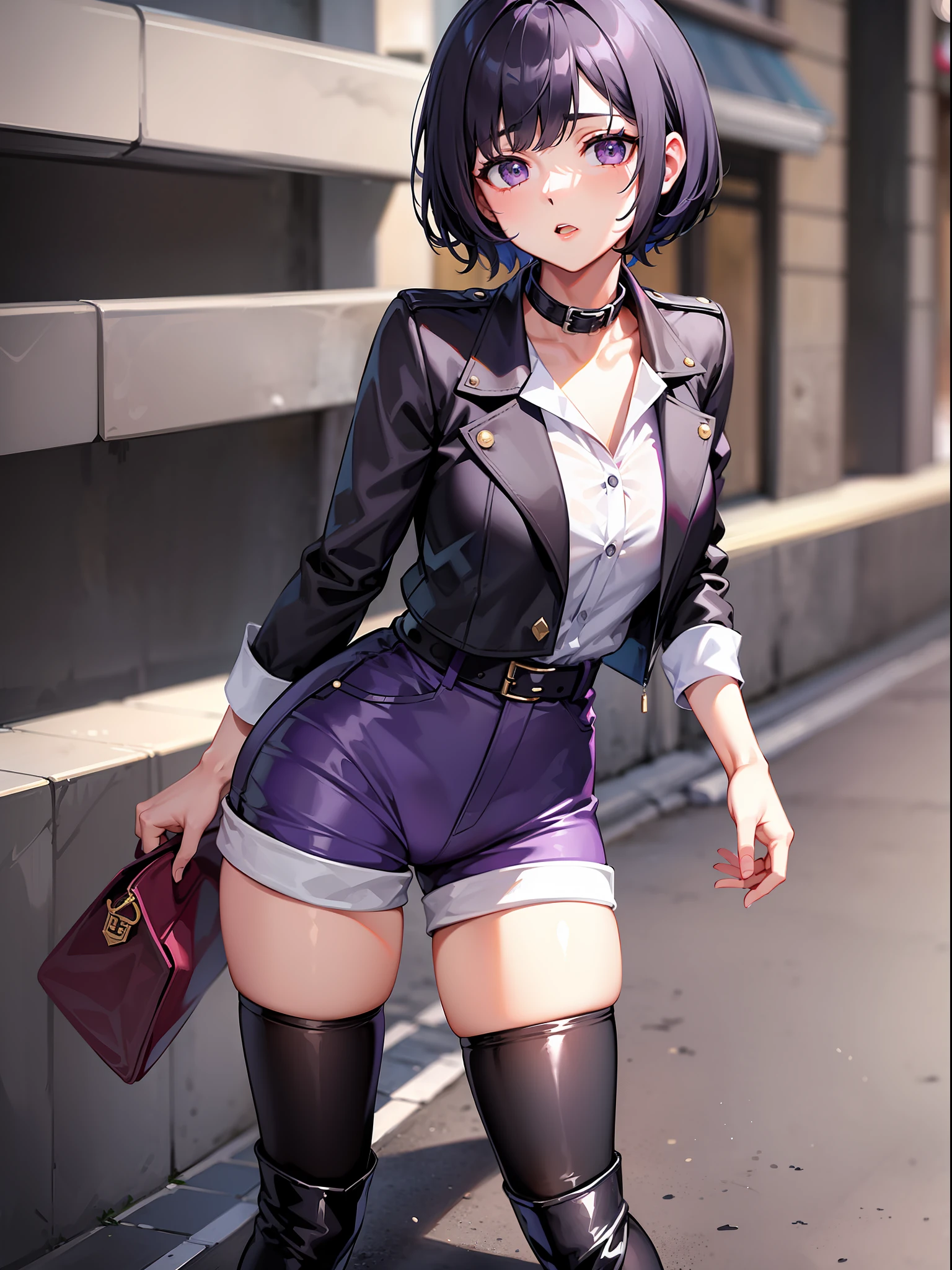 Black hair short hair, short clothes with white collar sleeves, purple shorts, black pantyhose, girl, outdoor, knee high boots