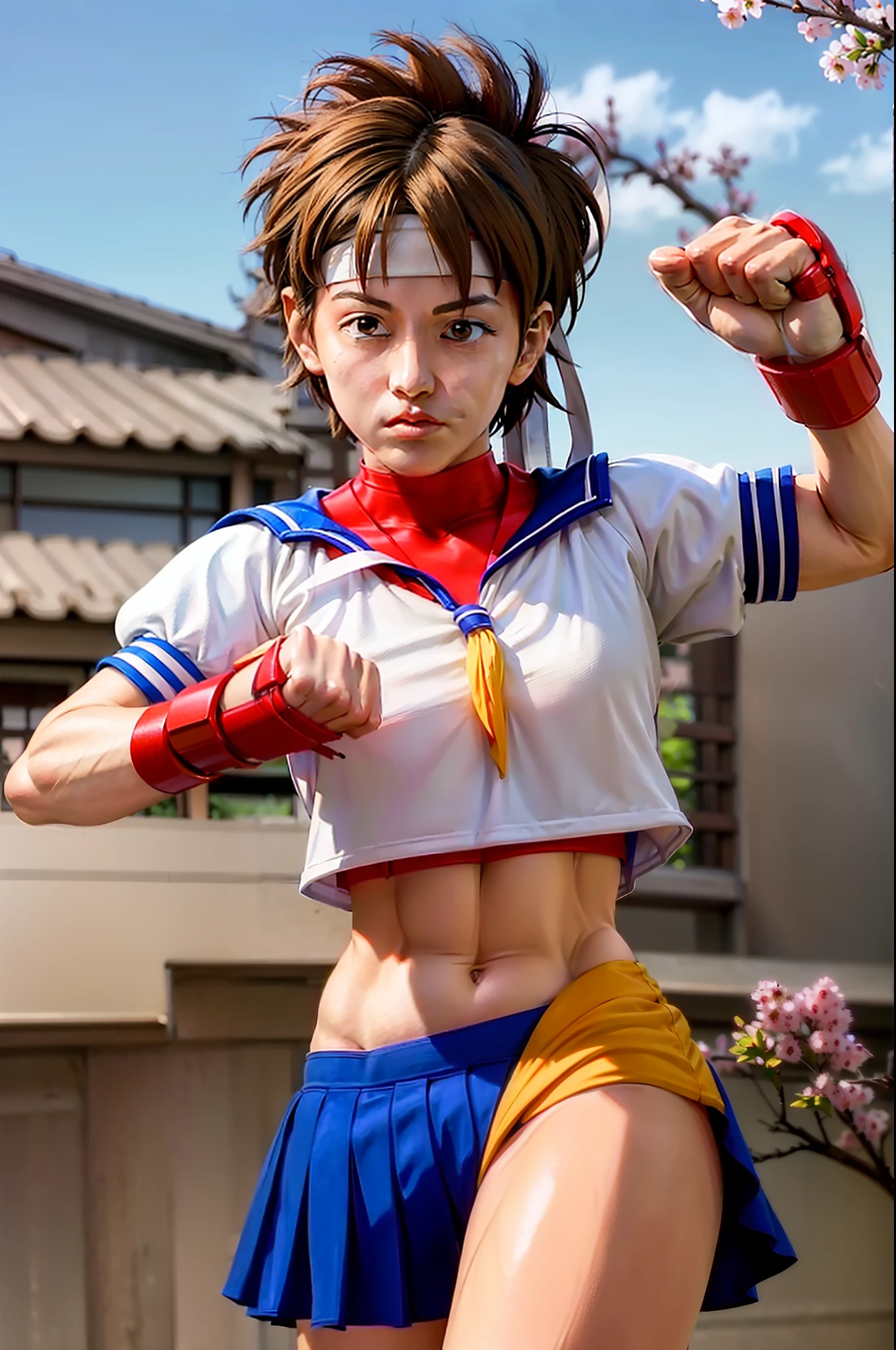 (masterpiece), (best quality), realistic illustration, digital painting, of Sakura's street fighter, a young high school fighter in a fighting pose. Hot body, slim body with curves, face with angry expression, realistic, highly detailed, vibrant colors. In the background a traditional Japanese town of the fourteenth century, cherry trees, Cherry leaves.