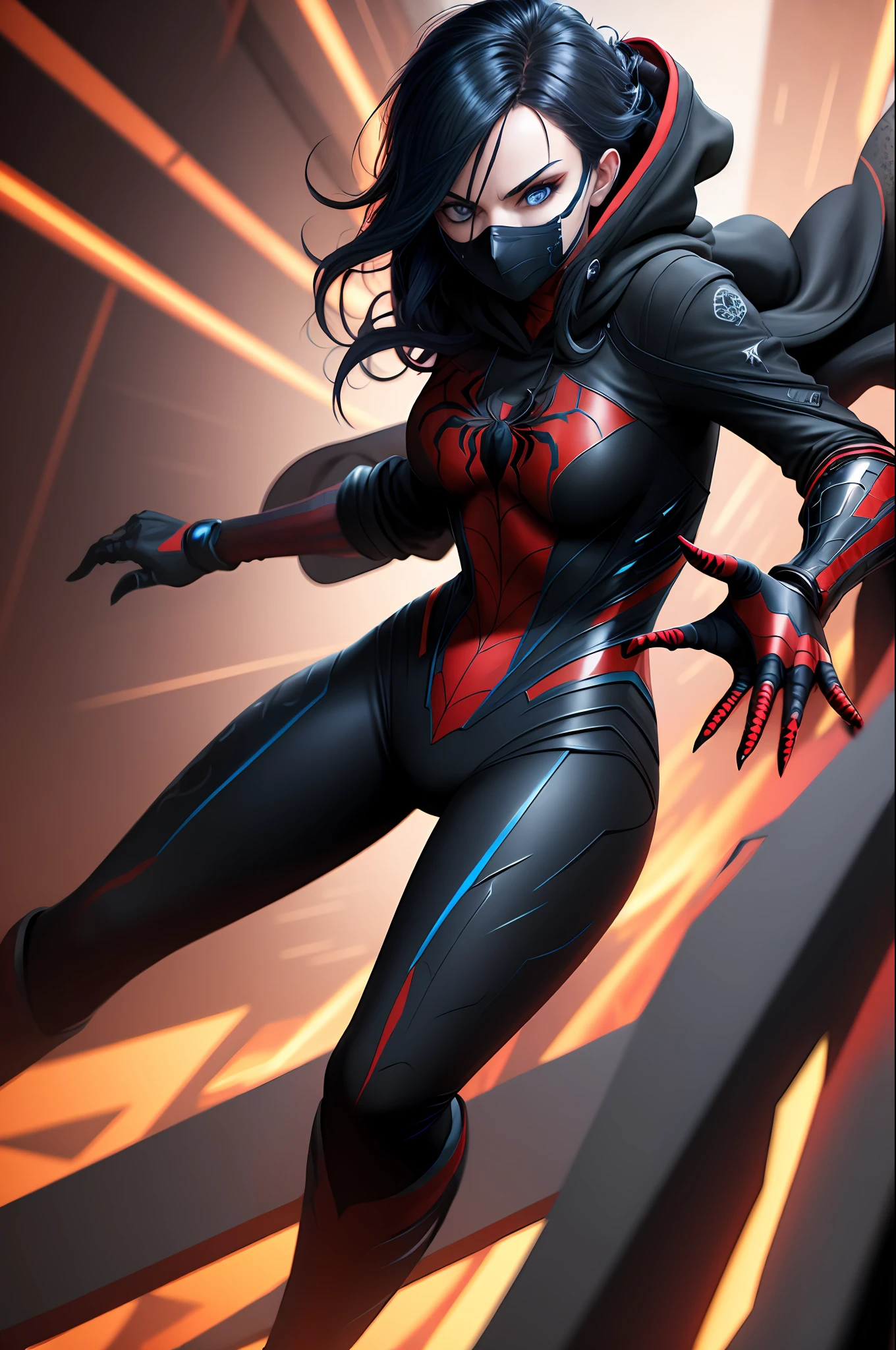(((Masterpiece))), best quality, ultra-detailed CG unity 8k wallpaper, (1person:1.3), dynamic action pose, woman, black emo scene hair, blue eyes, hoodie, black and red full body masked spider man suit