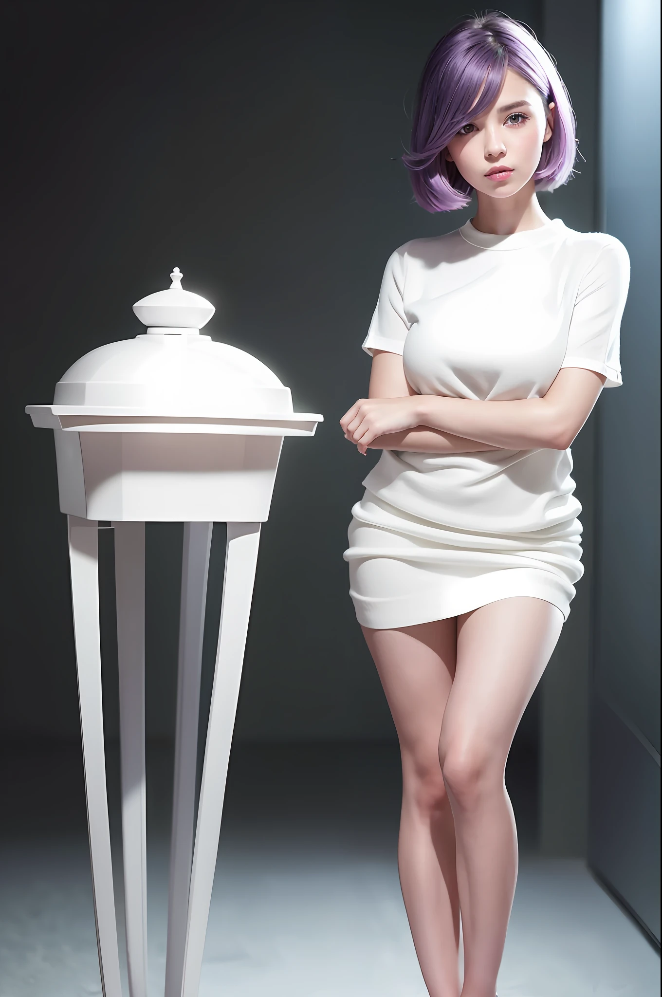 1 girl, beautiful vintage color, Instagram (photorealistic, high resolution: 1.4), staring viewer ((puffy eyes)), full body (8k, RAW photo, highest quality, masterpiece: 1.2), (realistic, photorealistic): 1.37), (sharp focus: 1.2), professional lighting, photon mapping, Radiosity, Physically Based Rendering, (White Skin: 1.2), Viewer Gaze, (Middle Hair: 1.5), Portrait, Purple Eye, (Silver Hair: 1.1), Bangs, (Simple Background: 1.4), Solo, Upper Body, Real, (Masterpiece: 1.4), (Best Quality: 1.4), (Glossy Skin), Fashion Girl, Makeup, Smile (Skinny, Mouth Closed, Shy: 1.3), (Standing, Necromancer: 1.1), medium bust, sexy pose,