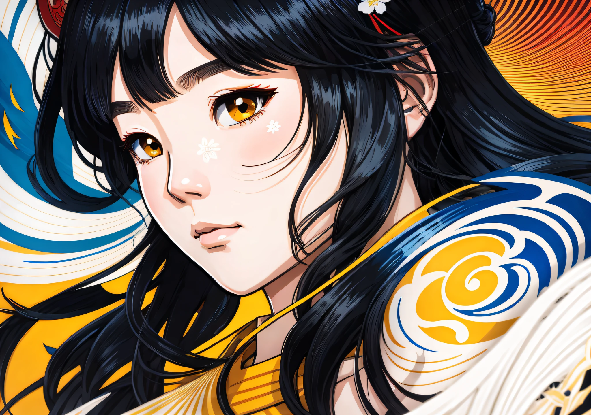 Vietnamese girl, primary colors with white highlights, half tone, close-up portrait, hair blown by the wind, Hokusai wave background, ukiyo-e style by Tomer Hanuka and Atey Ghailan and Roy Lichtenstein and Maxfield Parrish, expressive, in the style of official art, gorecore, koi fish and avian-themed, dark yellow and light black, oshare kei, full body.Vector, Cell shade,